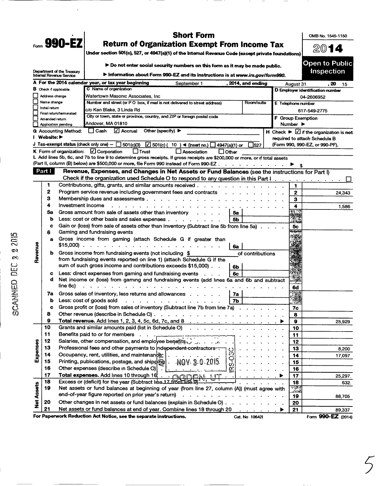 Image of first page of 2014 Form 990EO for Massachusetts Freemasons - Watertown Masonic Associates