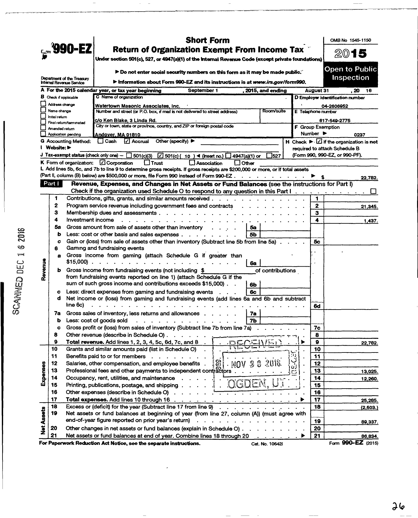 Image of first page of 2015 Form 990EO for Massachusetts Freemasons - Watertown Masonic Associates