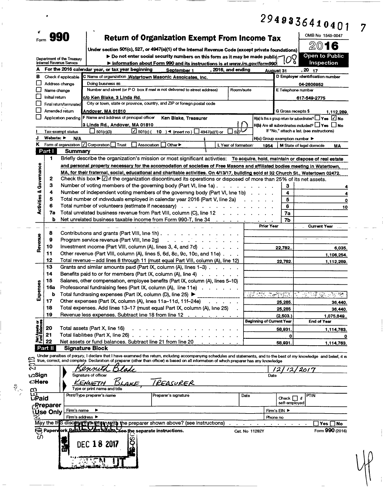 Image of first page of 2016 Form 990O for Massachusetts Freemasons - Watertown Masonic Associates