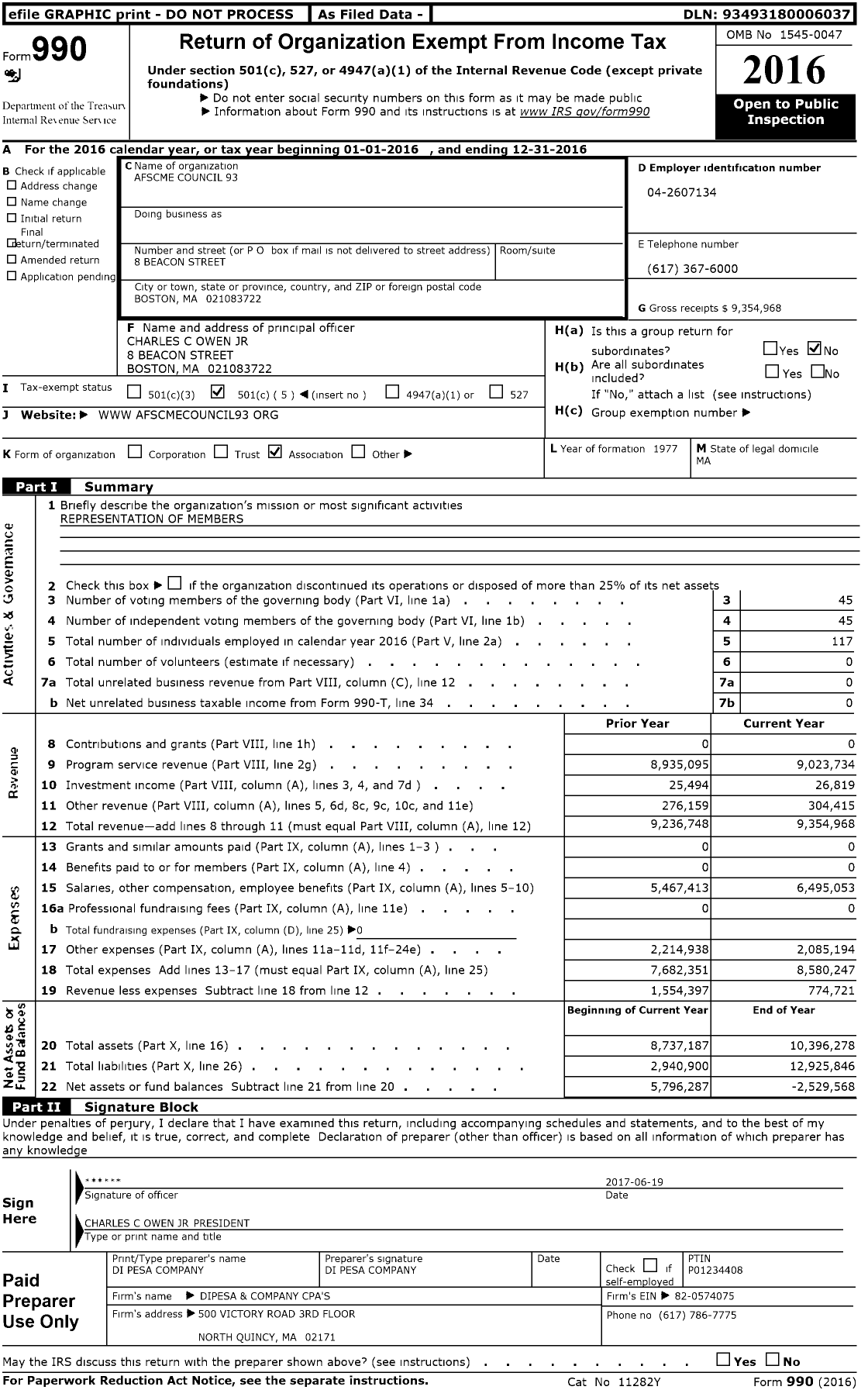 Image of first page of 2016 Form 990O for American Federation of State County & Municipal Employees - C0093ma AFSCME Council 93