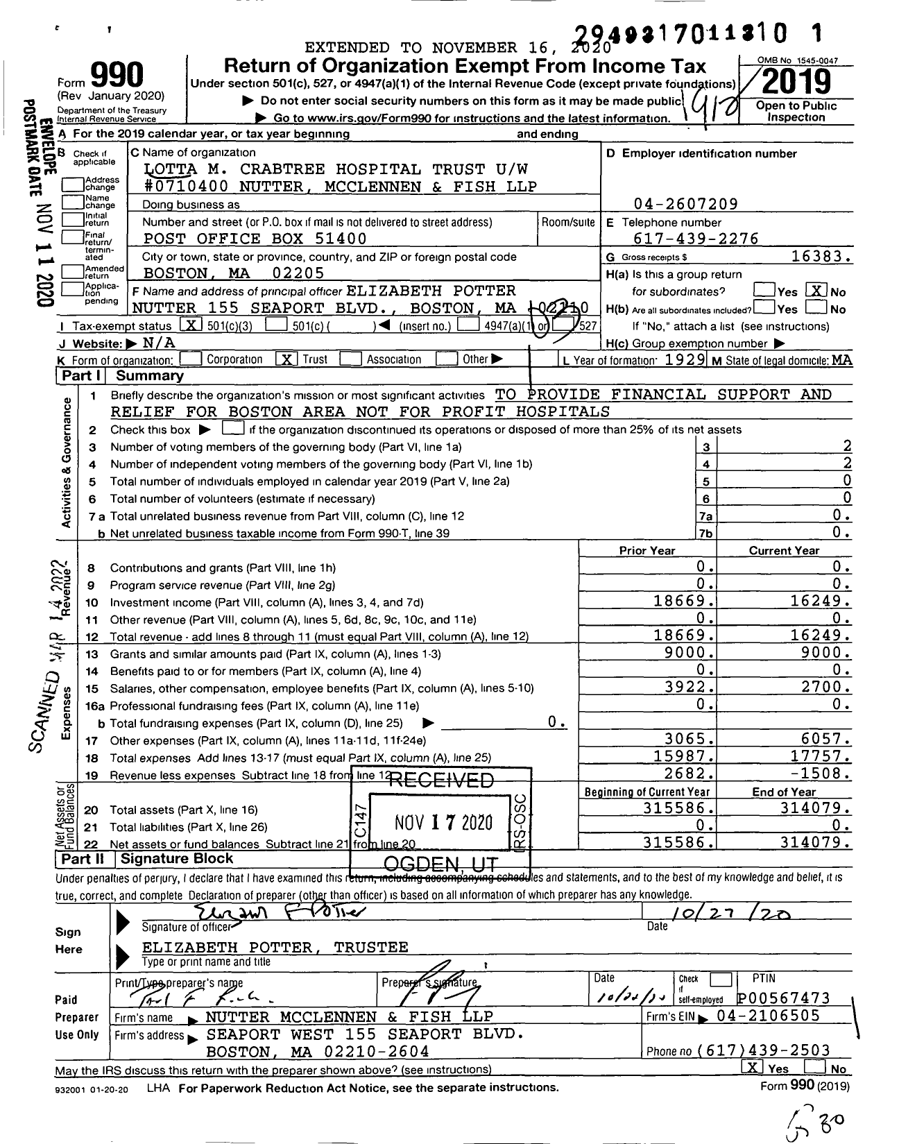 Image of first page of 2019 Form 990 for Lotta M Crabtree Hospital Trust Uw #0710400 Nutter Mcclennen and Fish LLP