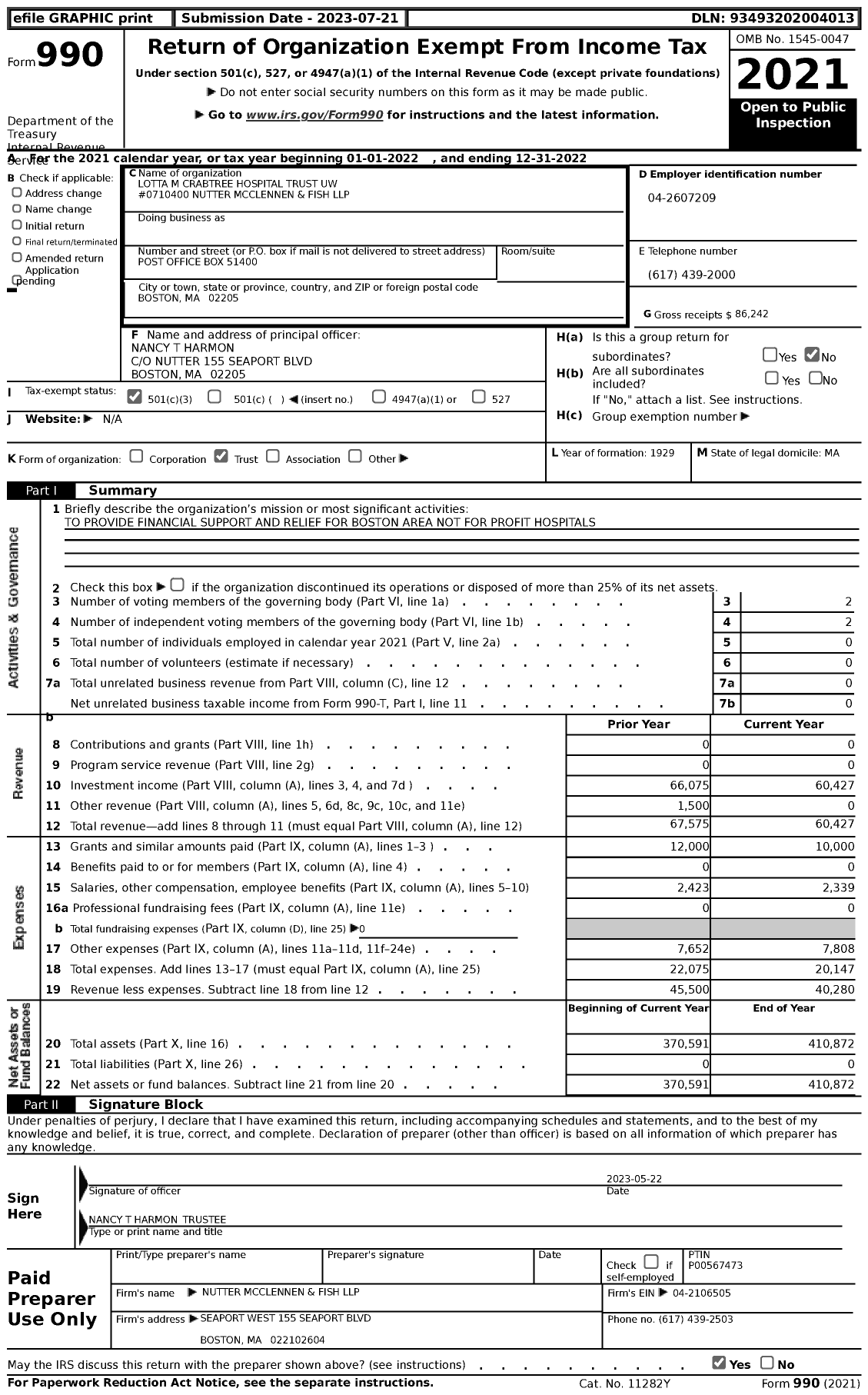 Image of first page of 2022 Form 990 for Lotta M Crabtree Hospital Trust Uw #0710400 Nutter Mcclennen and Fish LLP