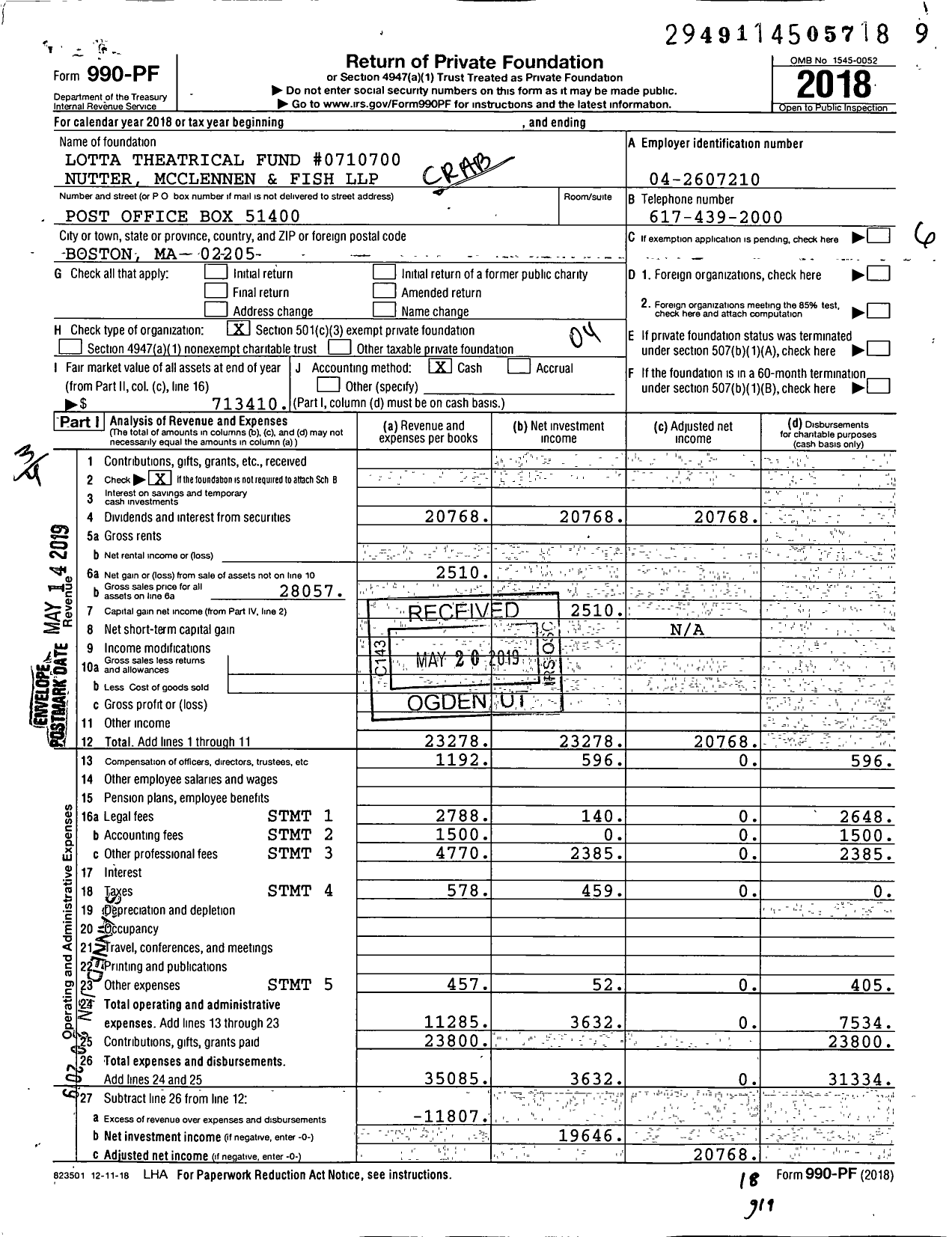 Image of first page of 2018 Form 990PF for Lotta Theatrical Fund #0710700 Nutter Mcclennen and Fish LLP