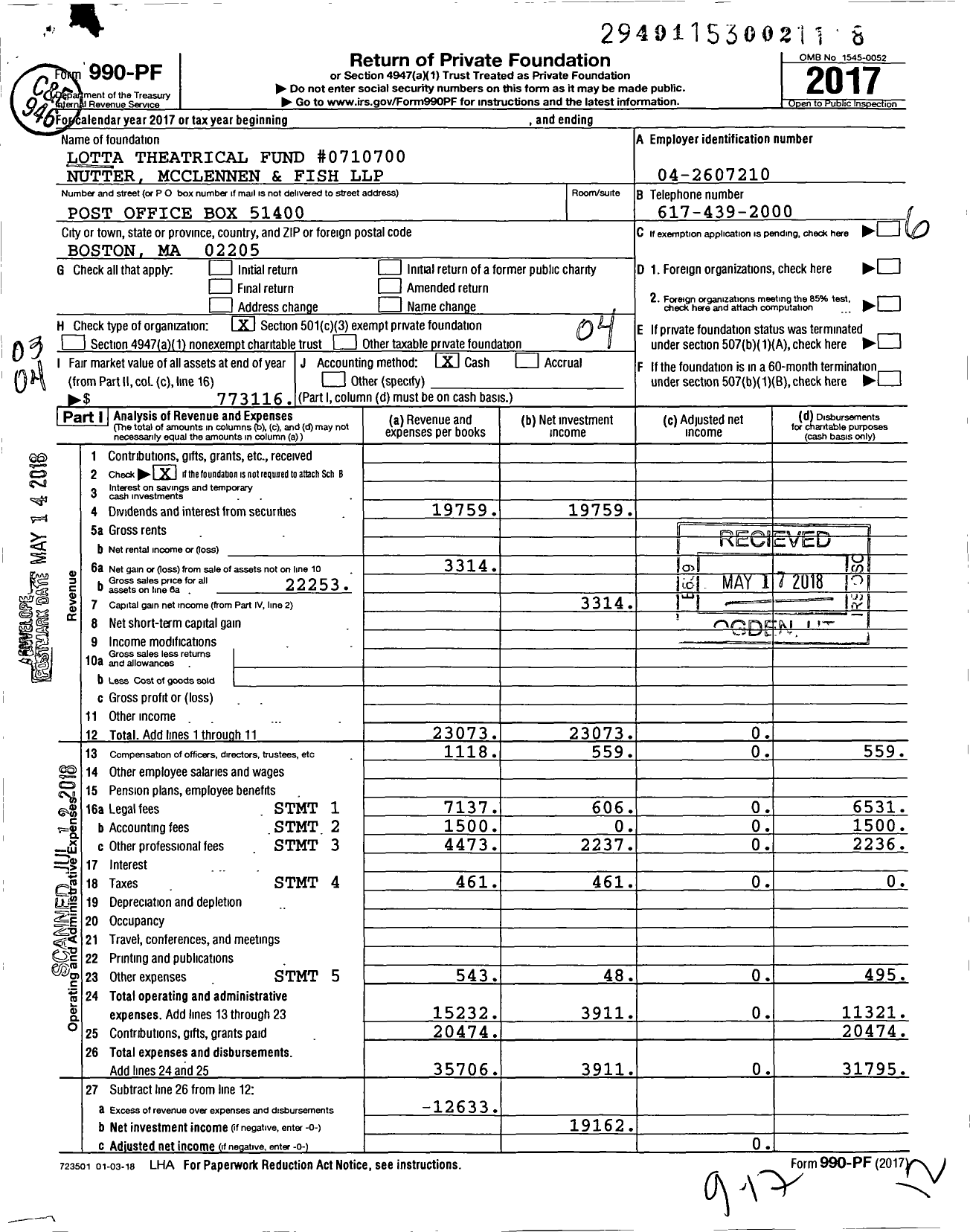 Image of first page of 2017 Form 990PF for Lotta Theatrical Fund #0710700 Nutter Mcclennen and Fish LLP