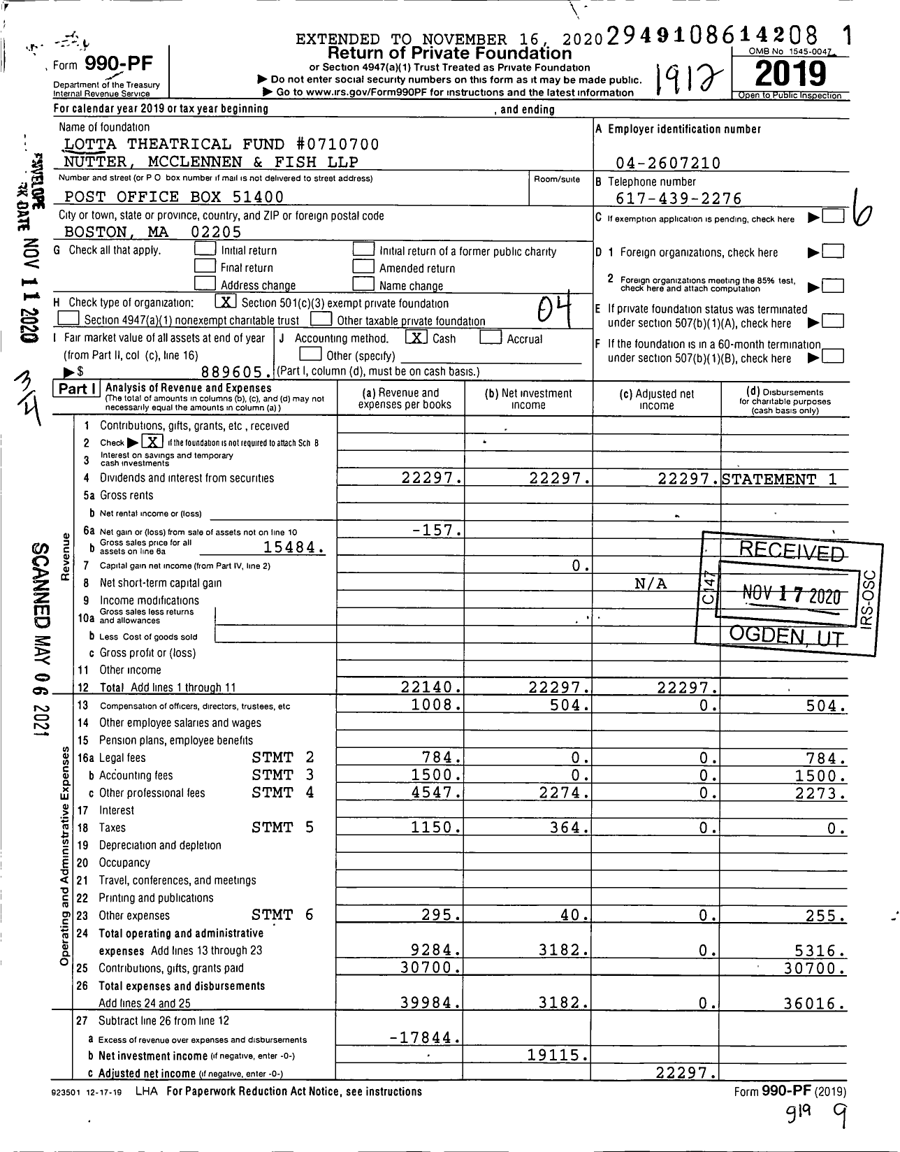 Image of first page of 2019 Form 990PF for Lotta Theatrical Fund #0710700 Nutter Mcclennen and Fish LLP