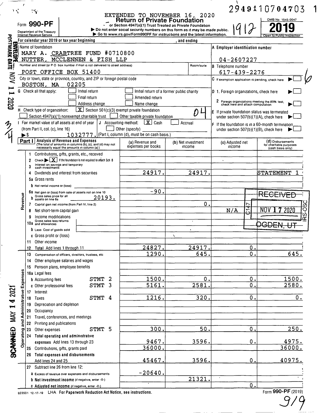 Image of first page of 2019 Form 990PF for Mary A Crabtree Fund #0710800 Nutter Mcclennen and Fish LLP