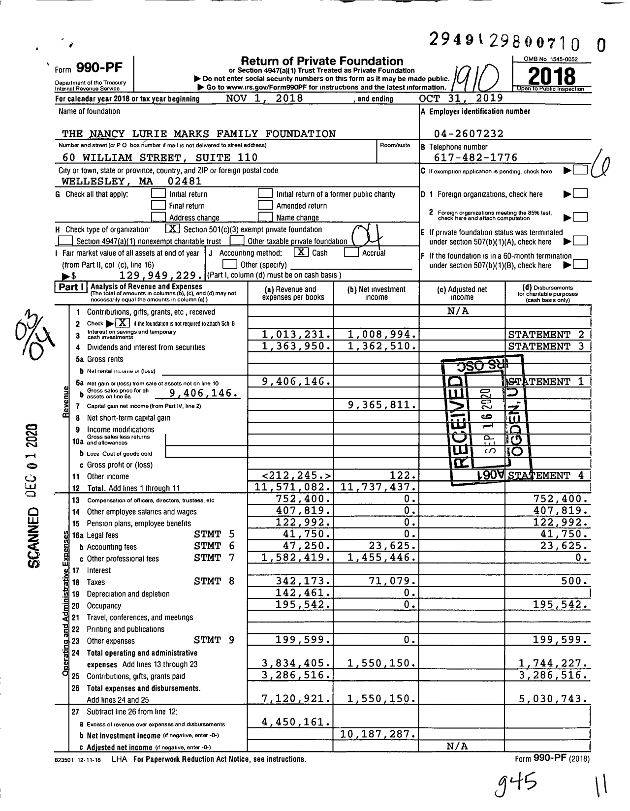 Image of first page of 2018 Form 990PF for Nancy Lurie Marks Family Foundation