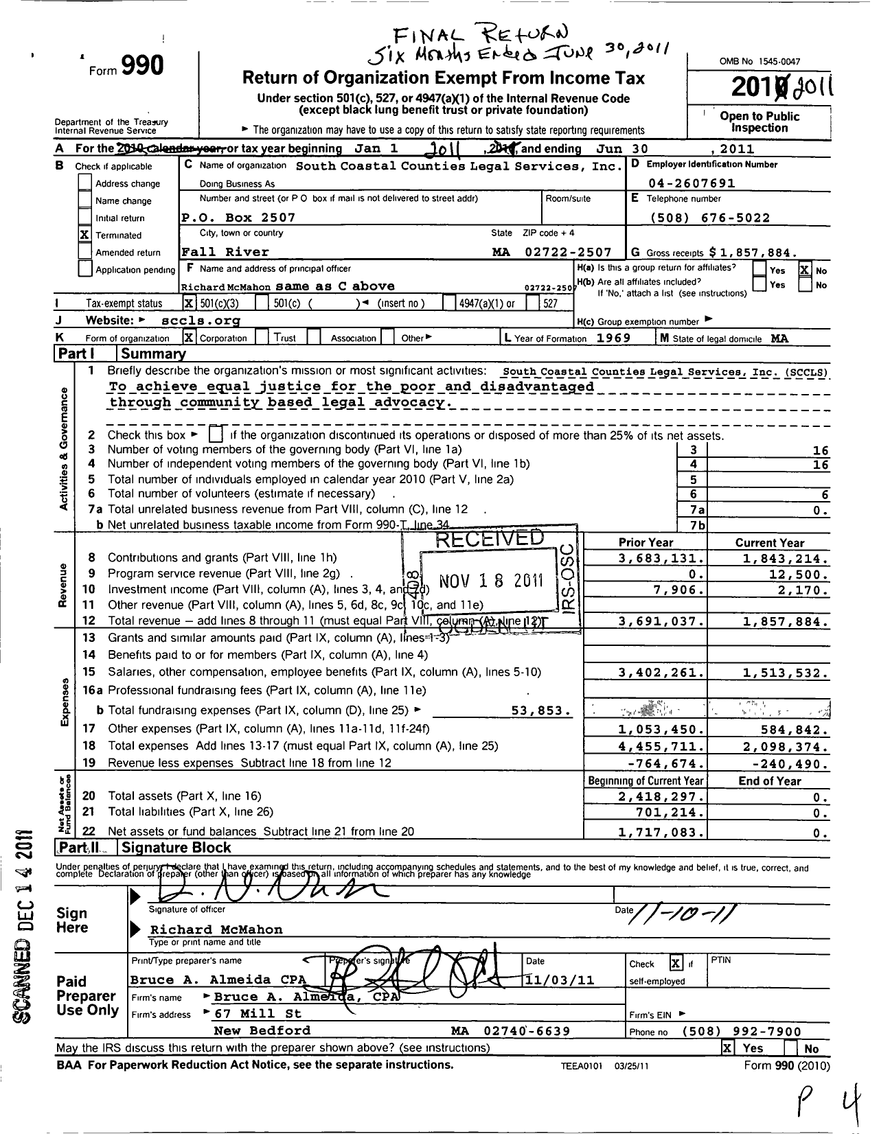 Image of first page of 2010 Form 990 for South Coastal Counties Legal Services