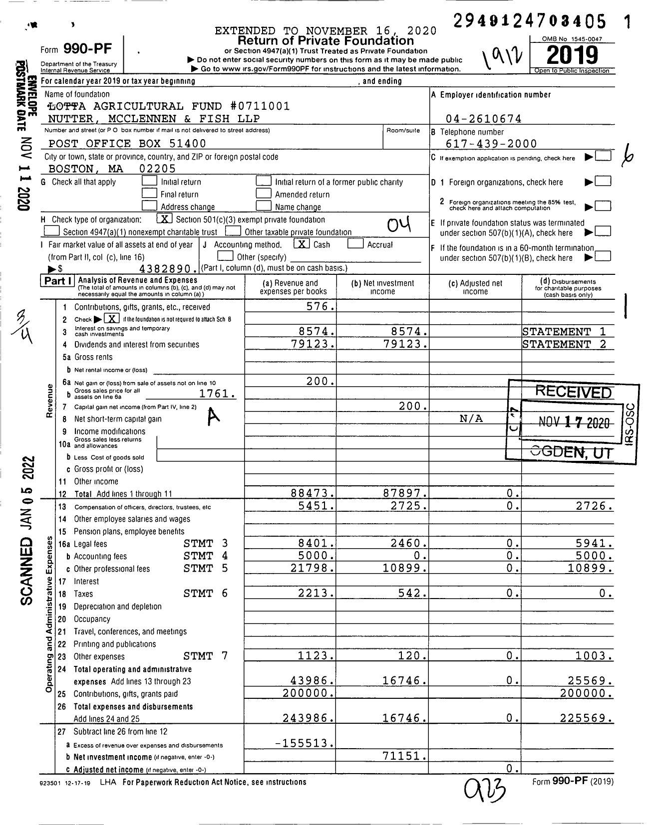 Image of first page of 2019 Form 990PF for Lotta Agricultural Fund #0711001 Nutter Mcclennen and Fish LLP