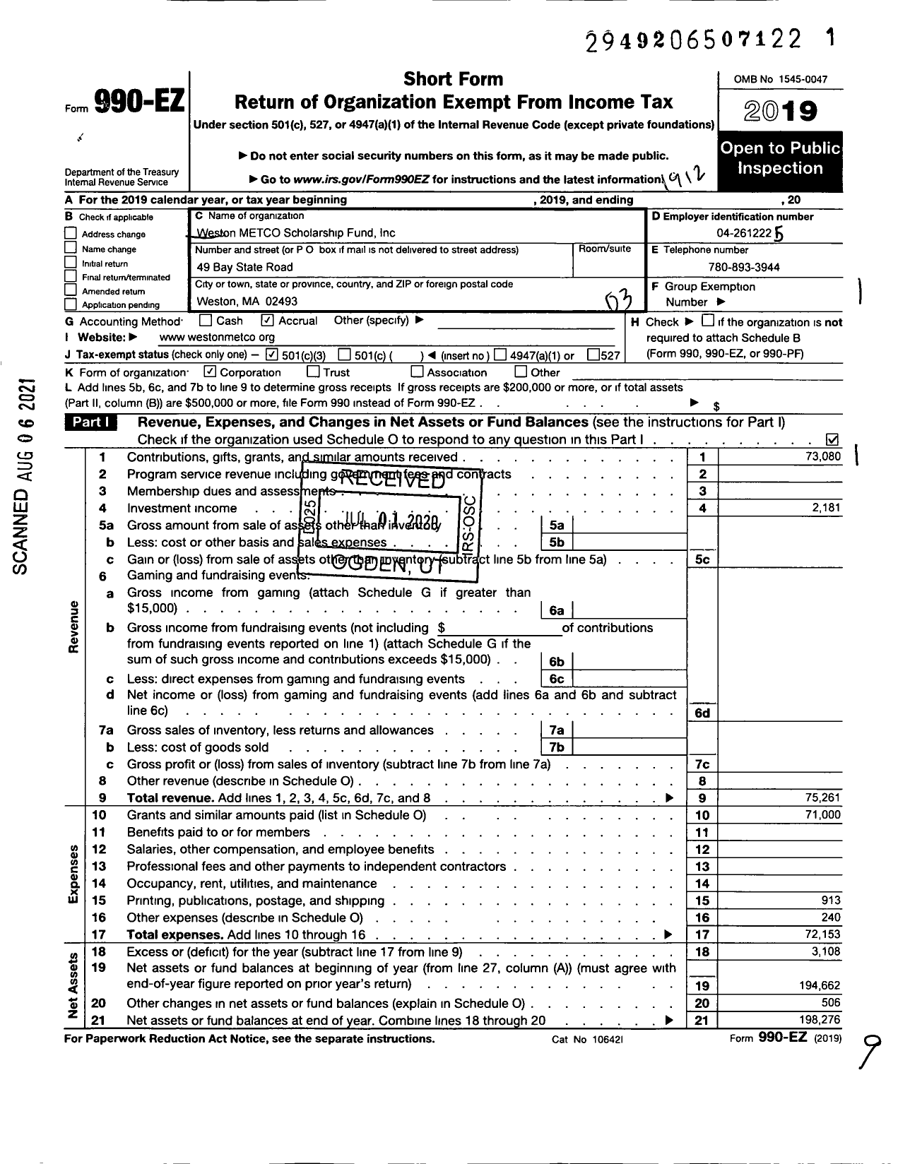 Image of first page of 2019 Form 990EZ for Weston Metco Scholarship Fund