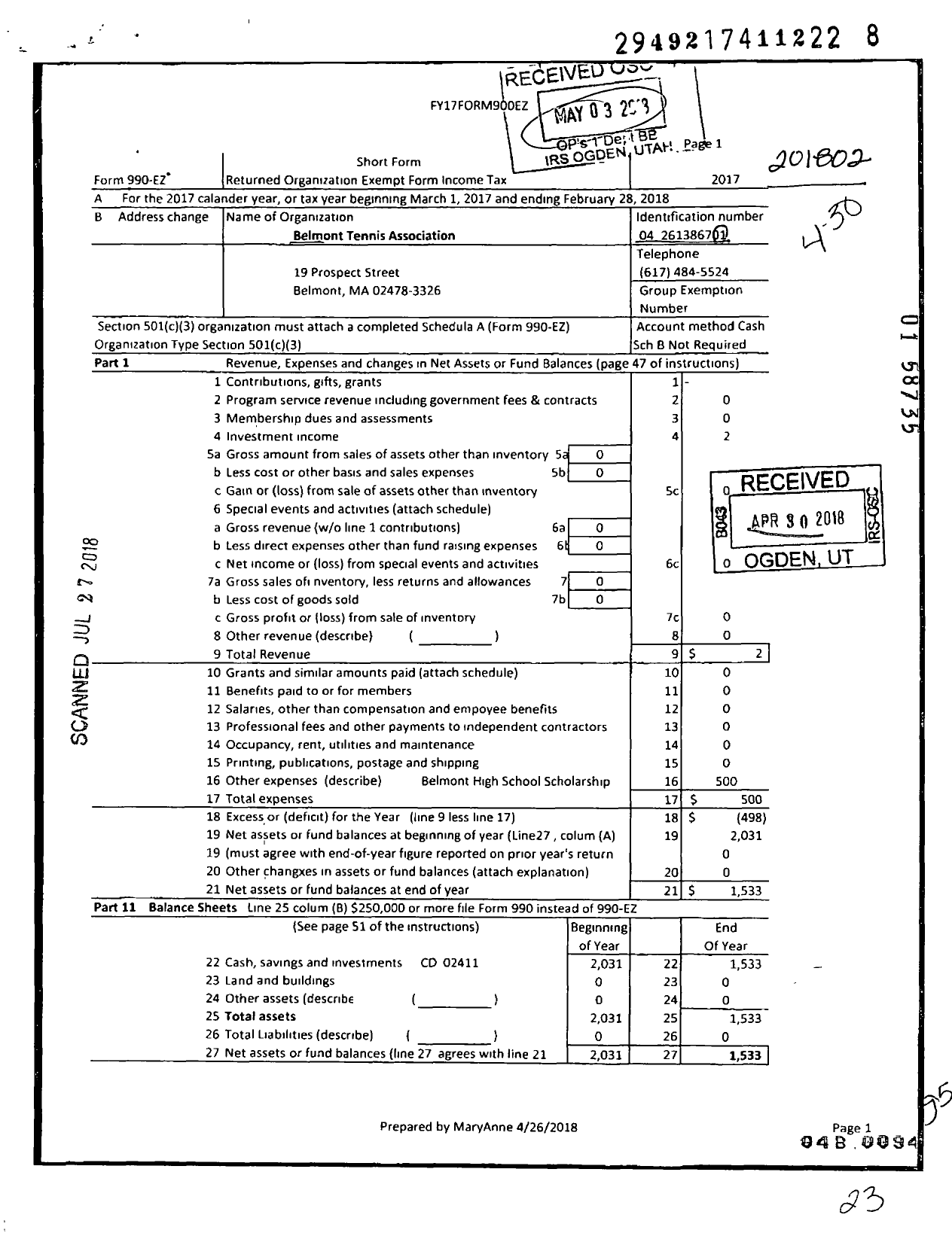 Image of first page of 2017 Form 990EZ for Belmont Tennis Association