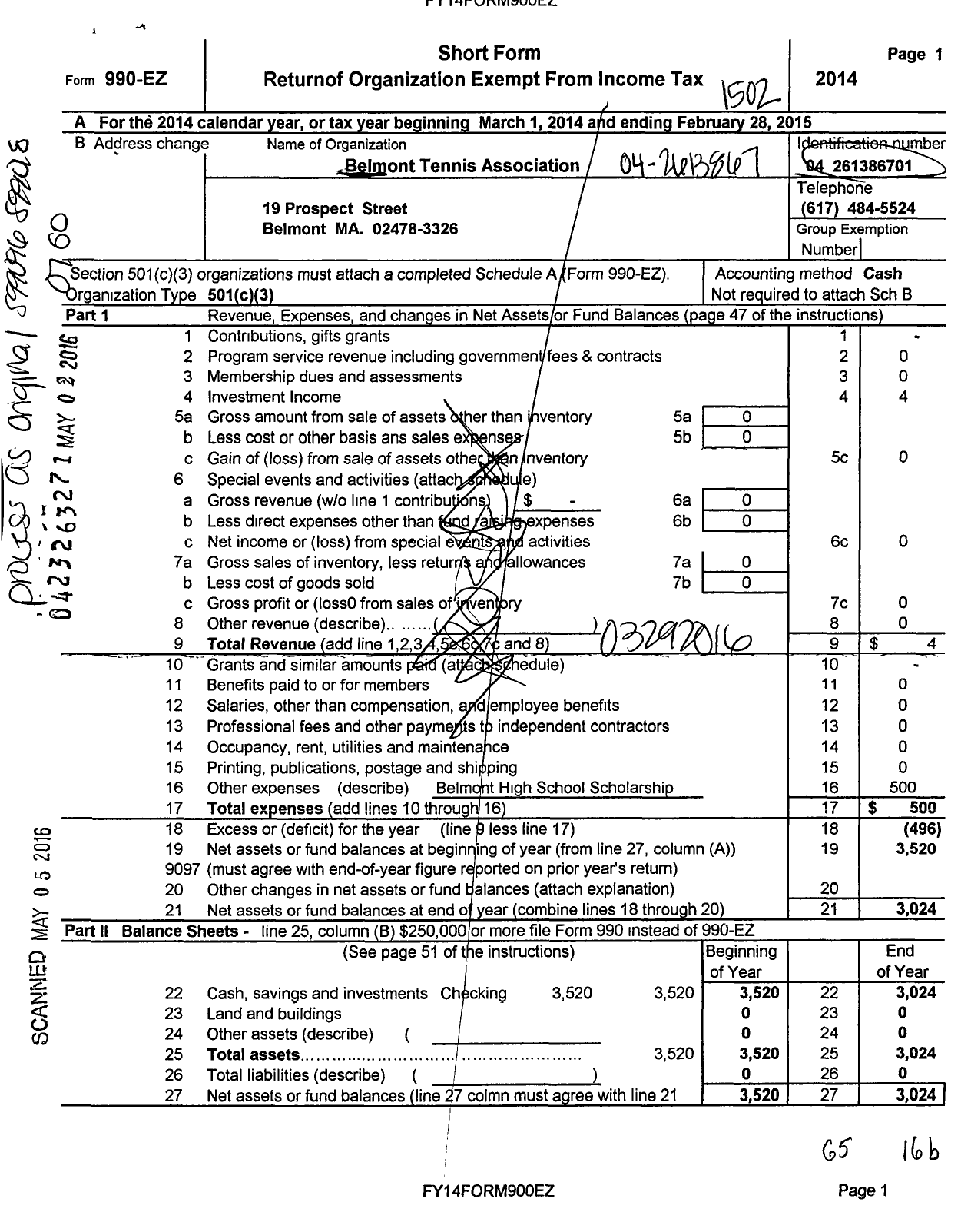 Image of first page of 2014 Form 990EZ for Belmont Tennis Association