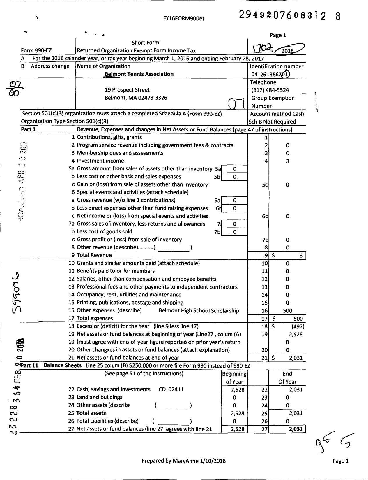 Image of first page of 2016 Form 990EO for Belmont Tennis Association