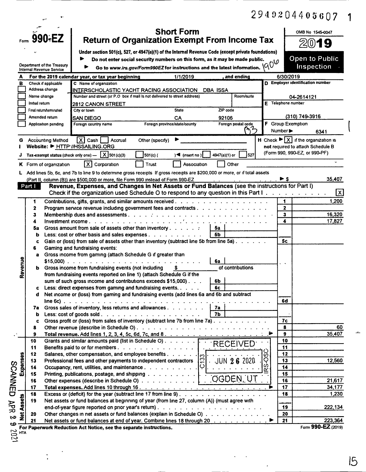 Image of first page of 2018 Form 990EZ for Interscholastic Sailing Association (ISSA)