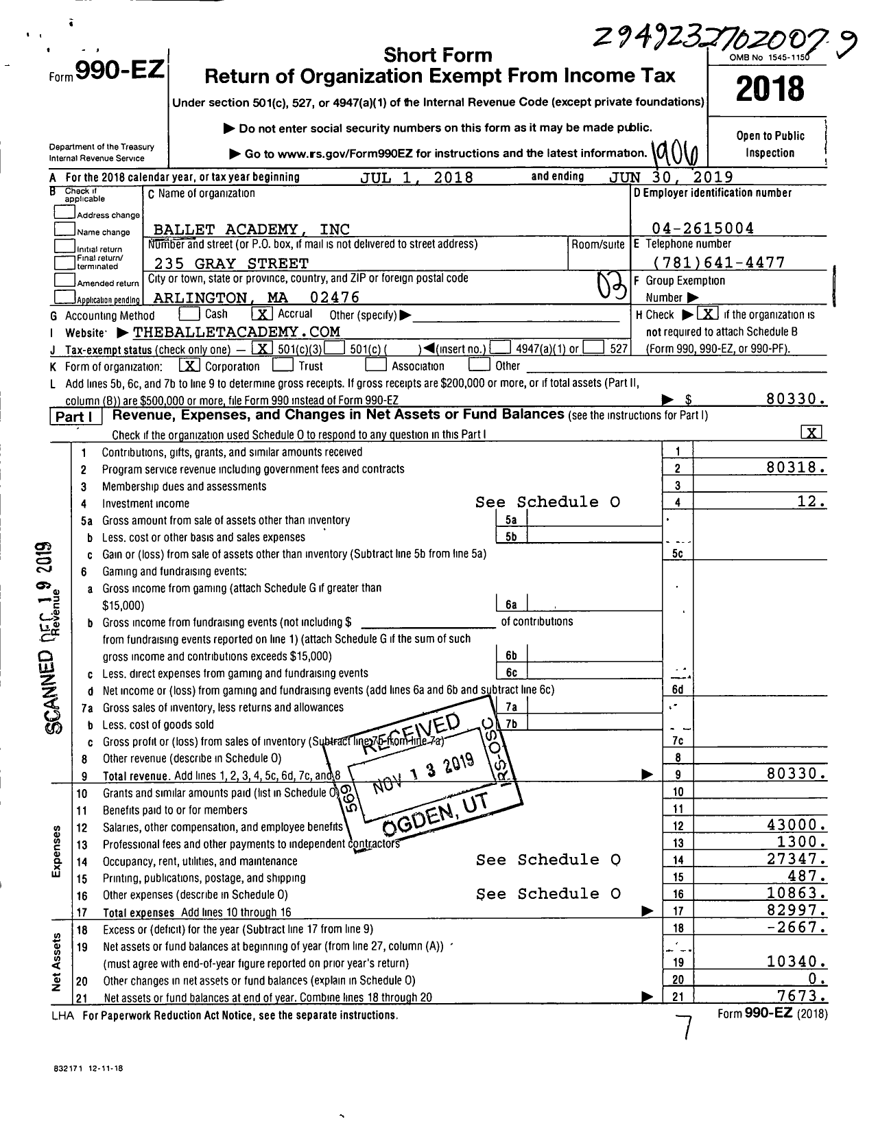 Image of first page of 2018 Form 990EZ for Ballet Academy