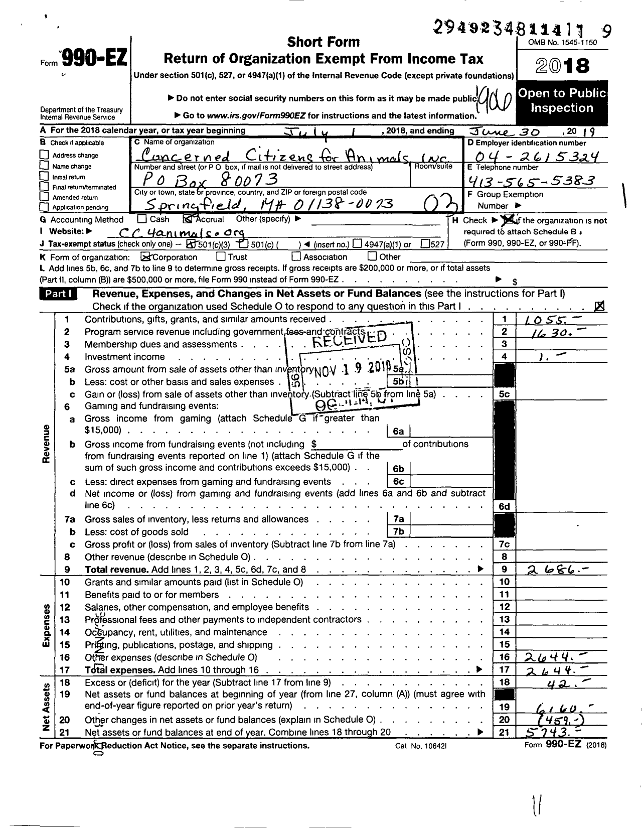 Image of first page of 2018 Form 990EZ for Concerned Citizens for Animals