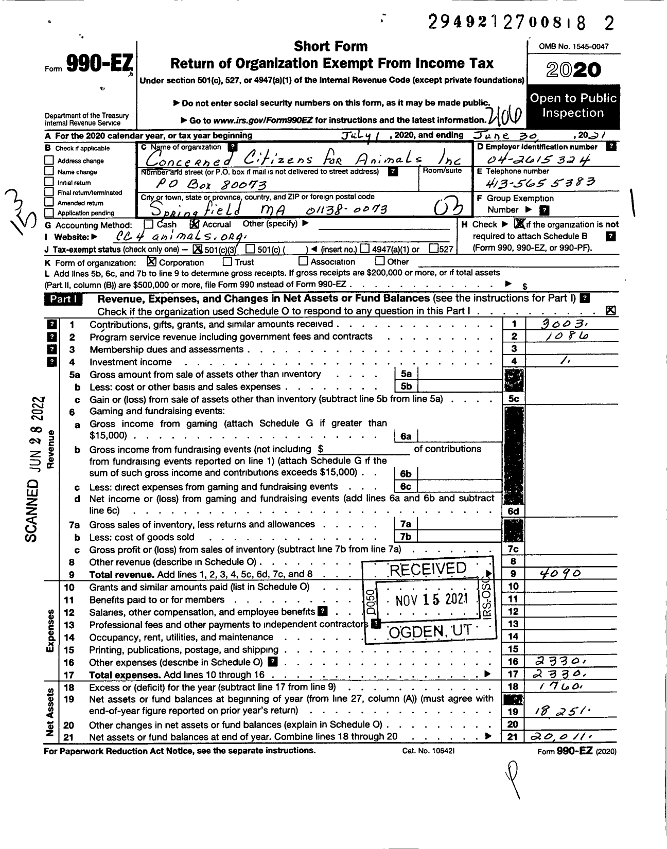 Image of first page of 2020 Form 990EZ for Concerned Citizens for Animals