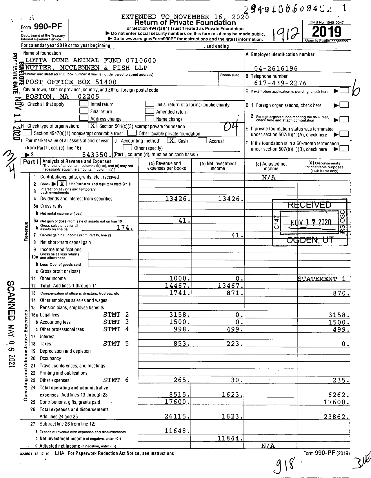 Image of first page of 2019 Form 990PF for Lotta Dumb Animal Fund 0710600 Nutter Mcclennen and Fish LLP