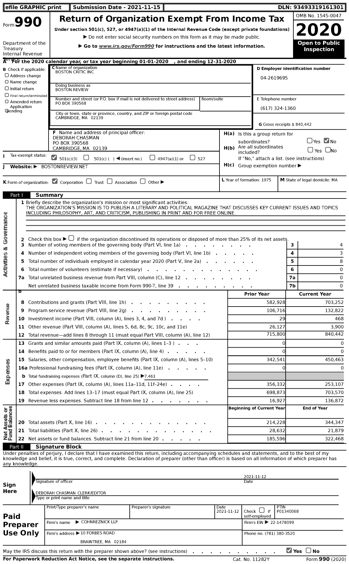 Image of first page of 2020 Form 990 for Boston Review