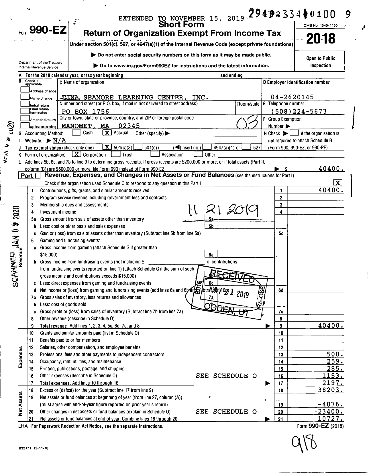 Image of first page of 2018 Form 990EZ for Tina Seamore Learning Center