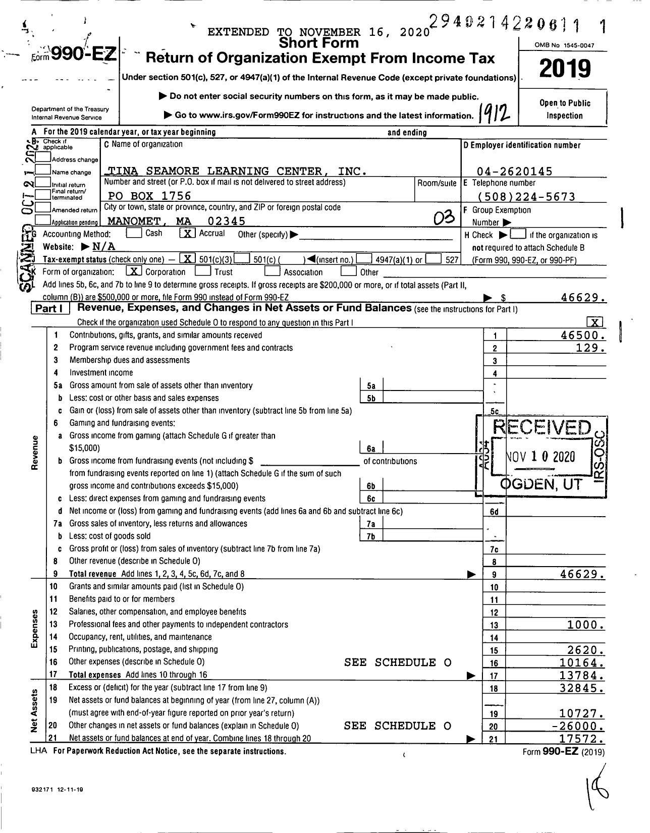 Image of first page of 2019 Form 990EZ for Tina Seamore Learning Center