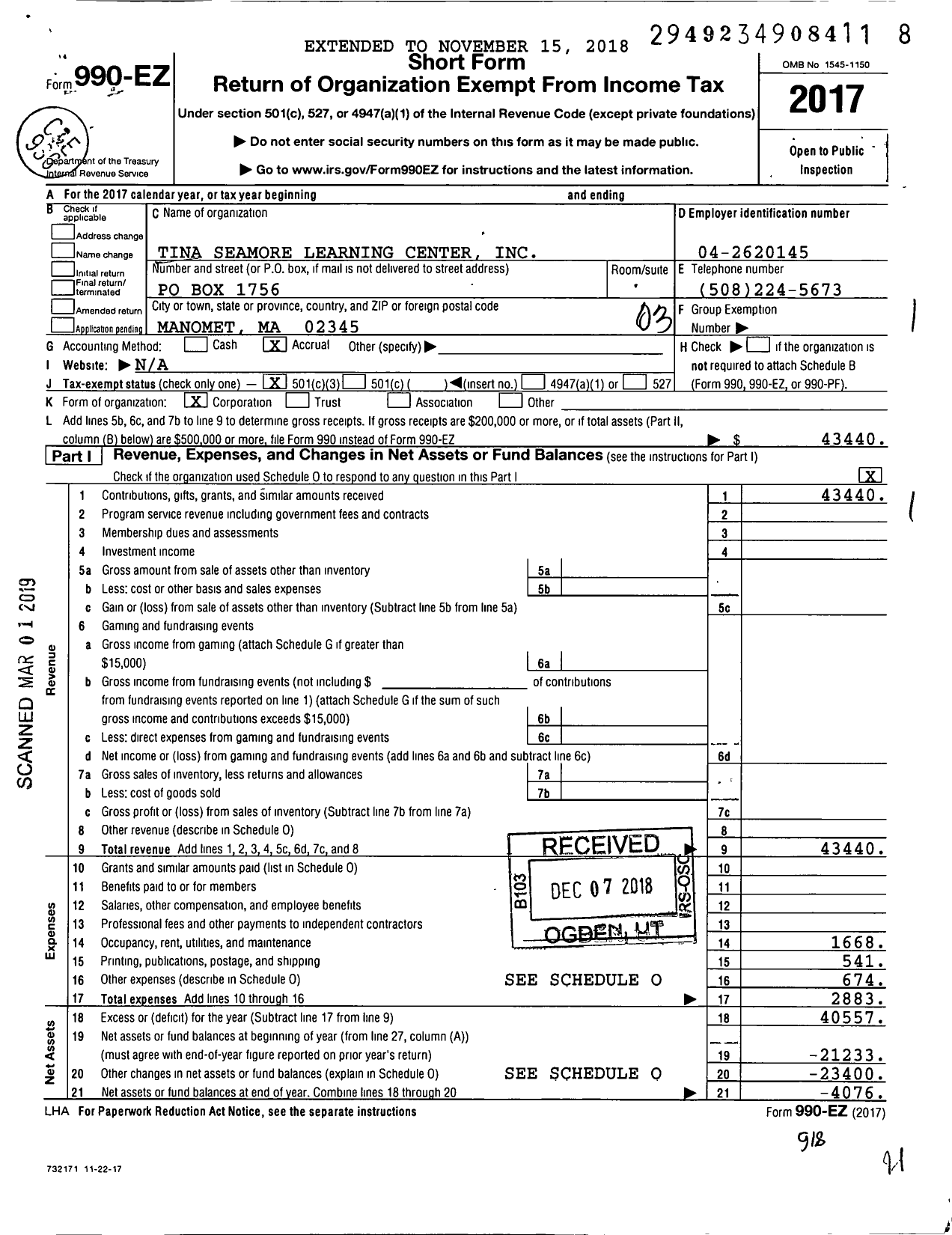 Image of first page of 2017 Form 990EZ for Tina Seamore Learning Center