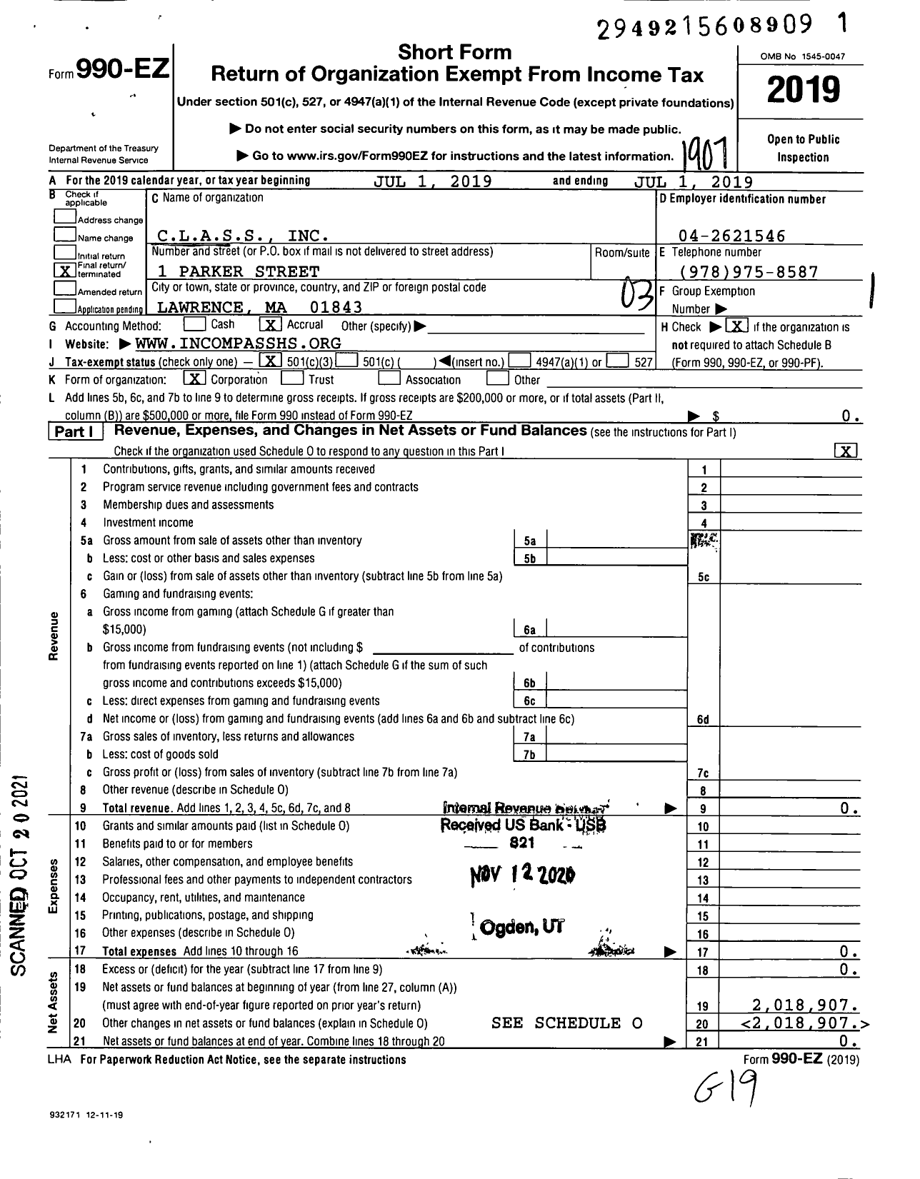 Image of first page of 2018 Form 990EZ for Class