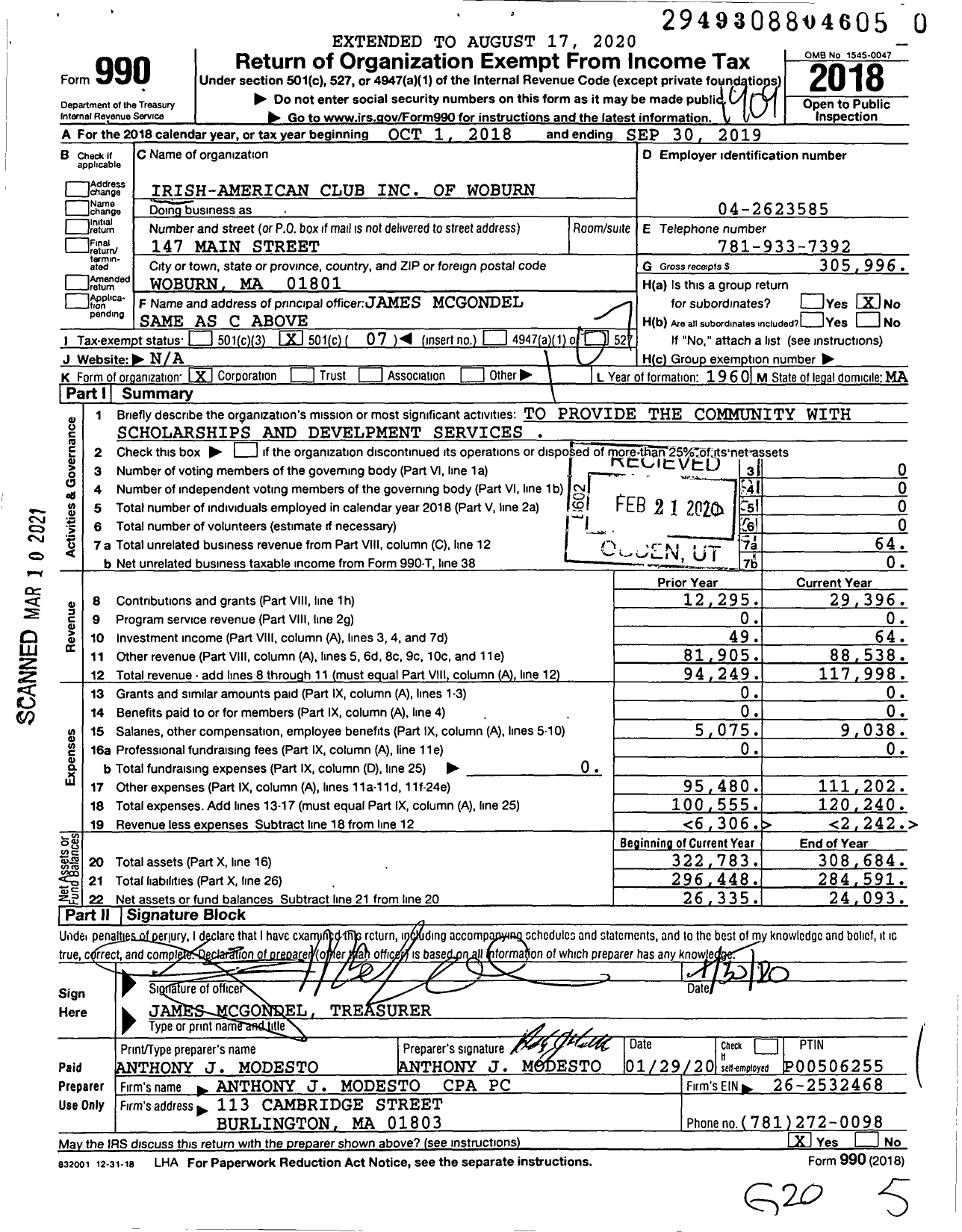 Image of first page of 2018 Form 990O for Irish-American Club of Woburn