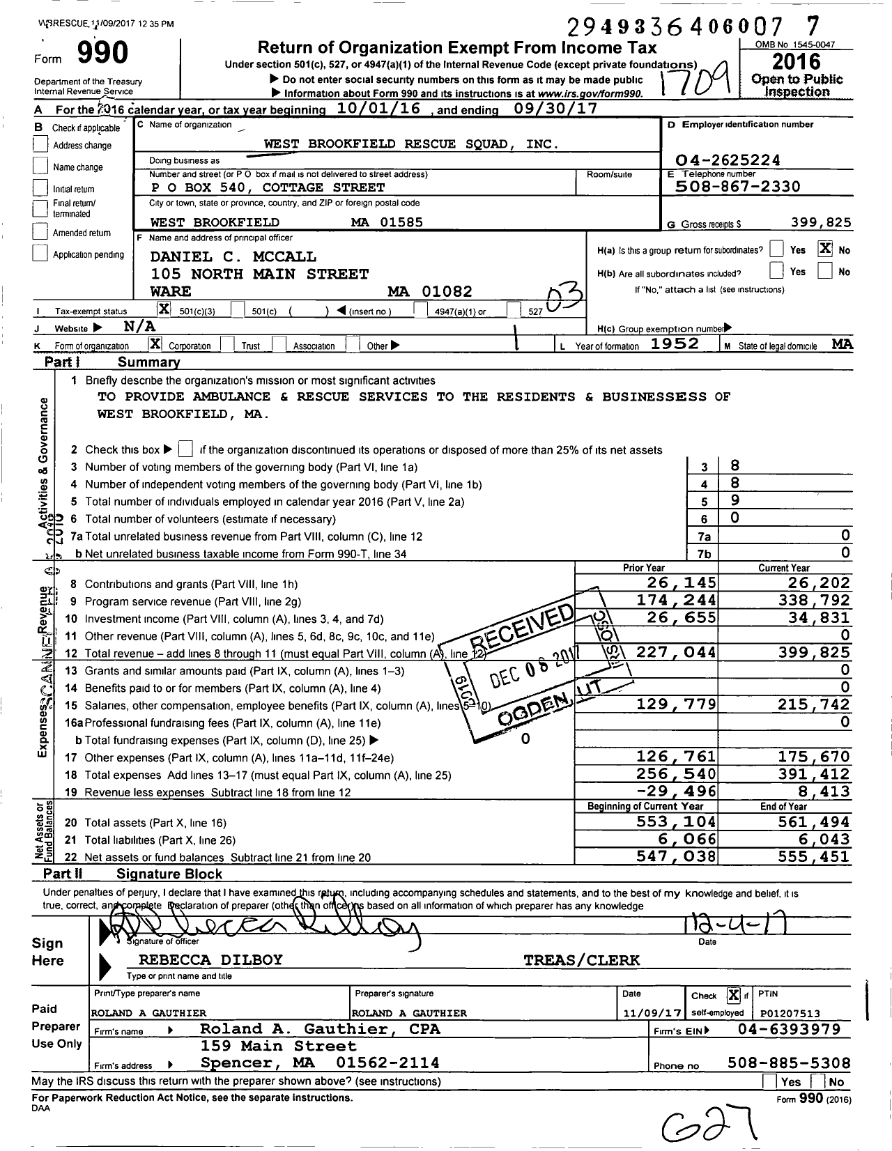 Image of first page of 2016 Form 990 for West Brookfield Rescue Squad