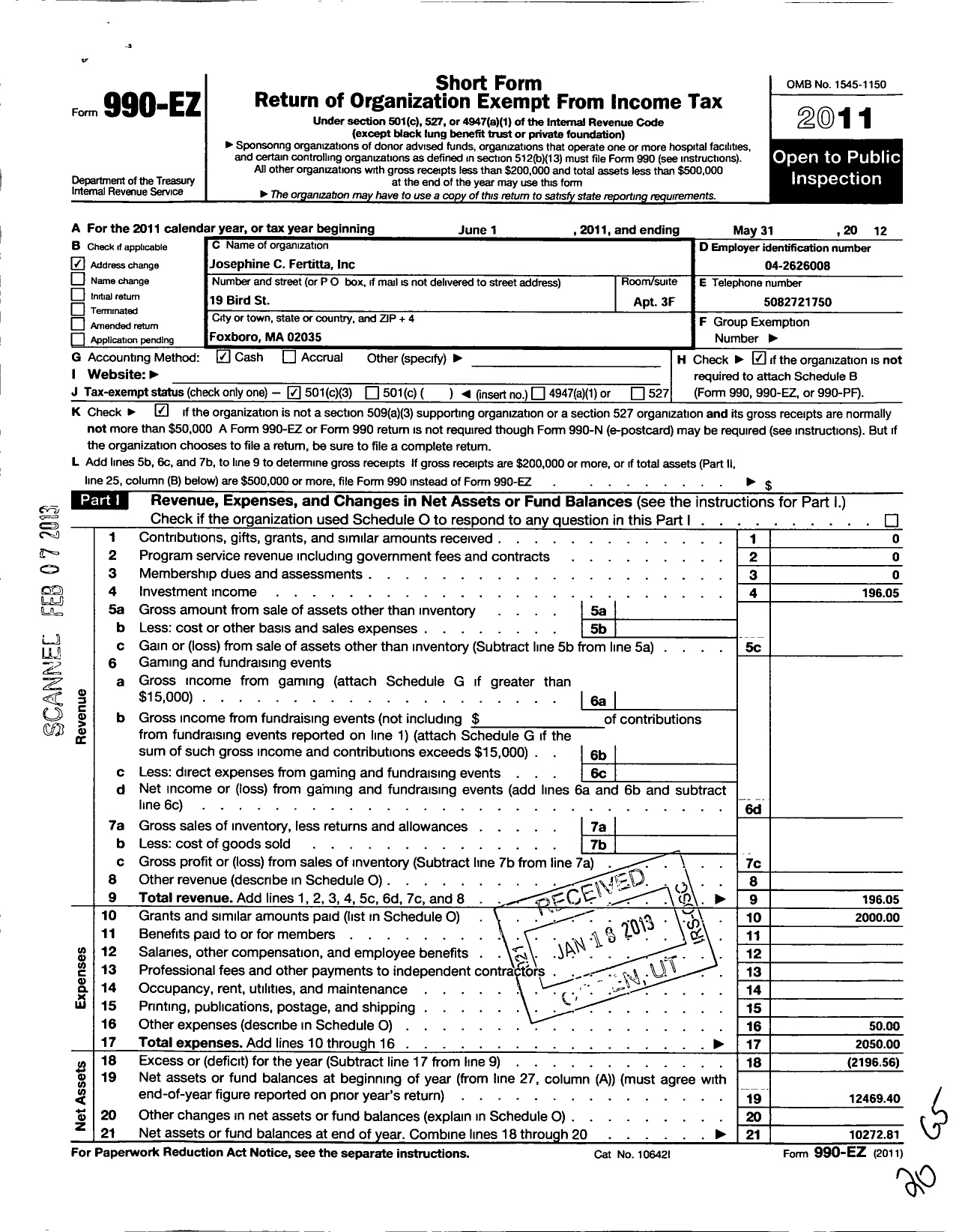 Image of first page of 2011 Form 990EZ for Josephine C Fertitta Scholarship Incorporated