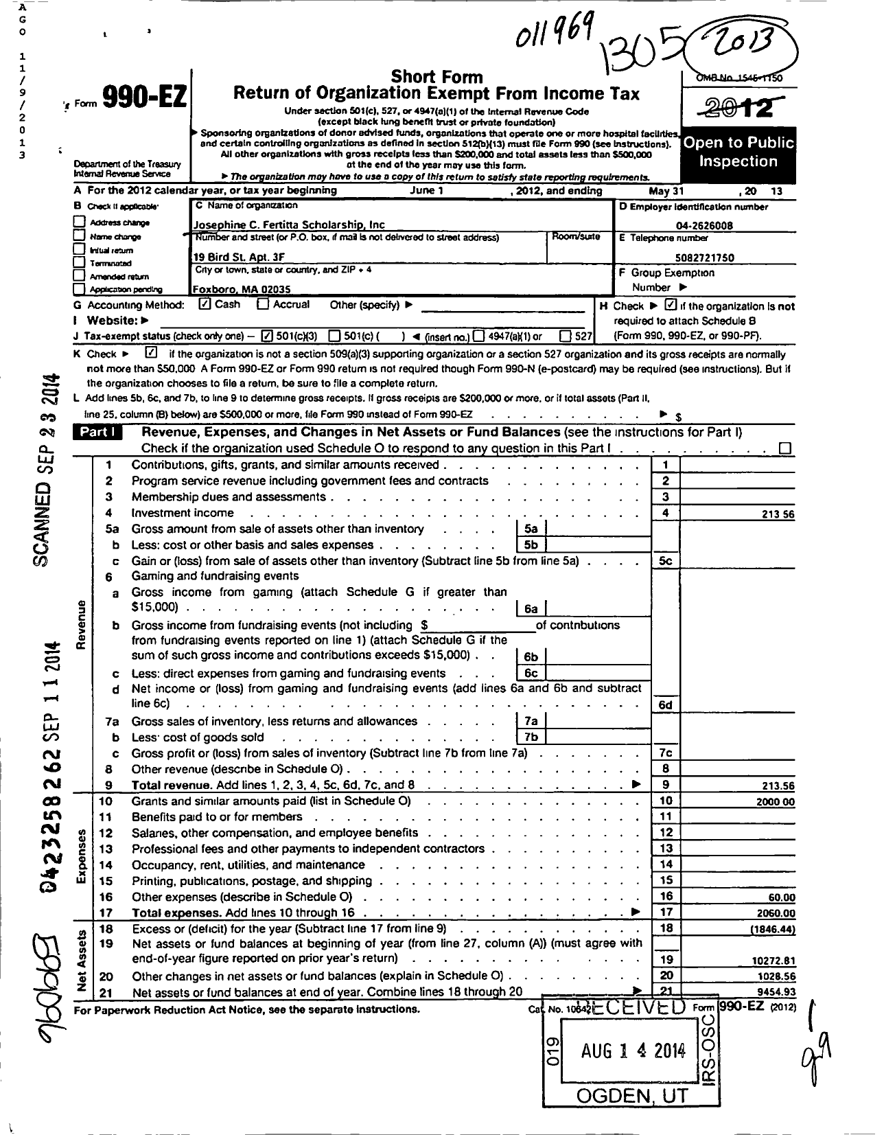 Image of first page of 2012 Form 990EZ for Josephine C Fertitta Scholarship Incorporated