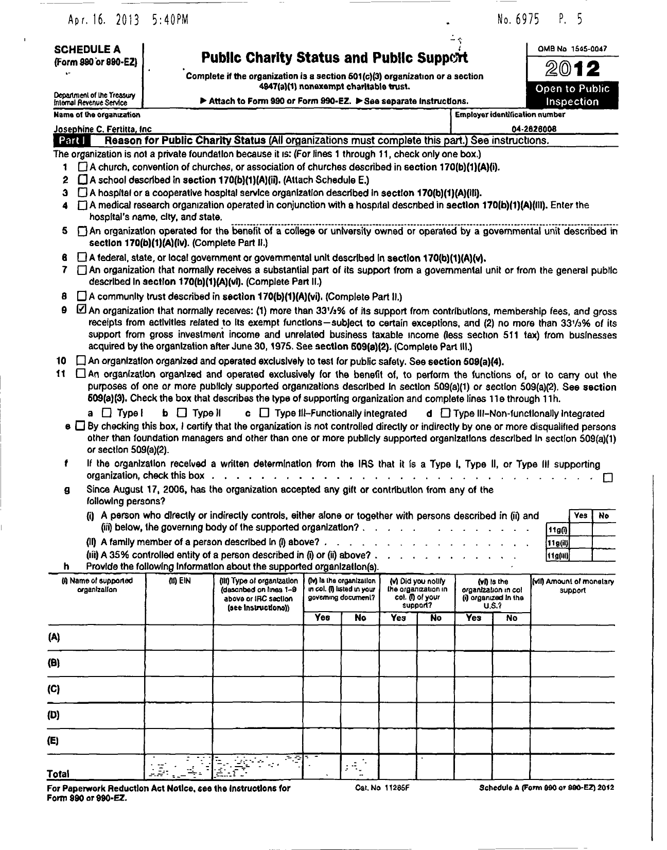 Image of first page of 2011 Form 990ER for Josephine C Fertitta Scholarship Incorporated