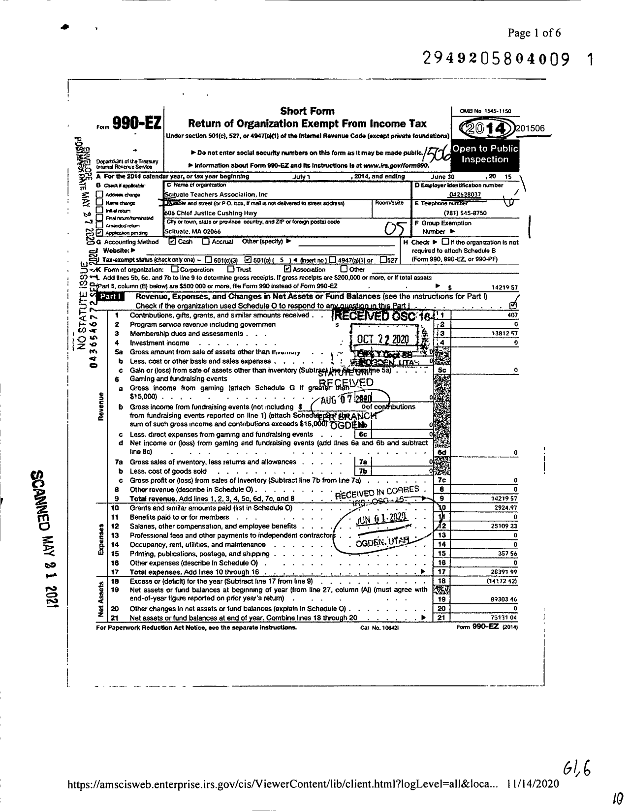 Image of first page of 2014 Form 990EO for Scituate Teachers Association