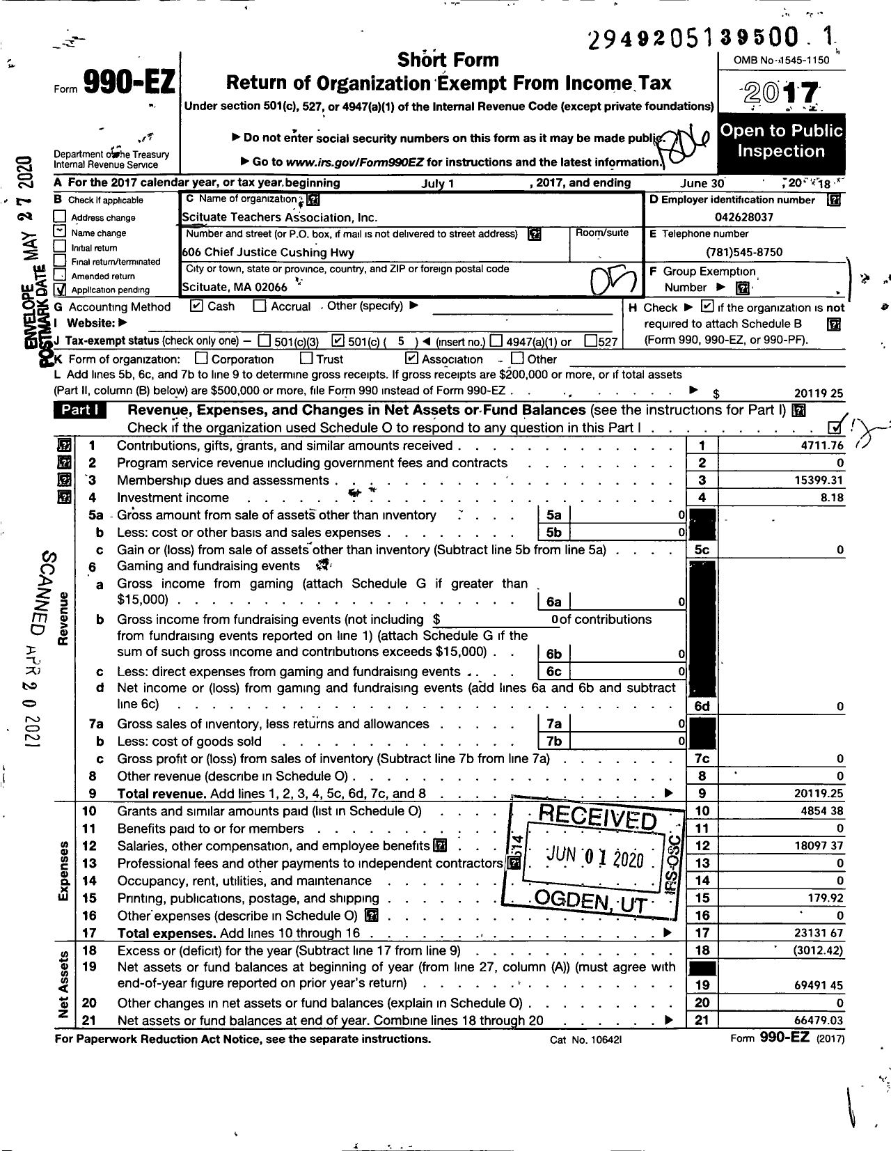 Image of first page of 2017 Form 990EO for Scituate Teachers Association