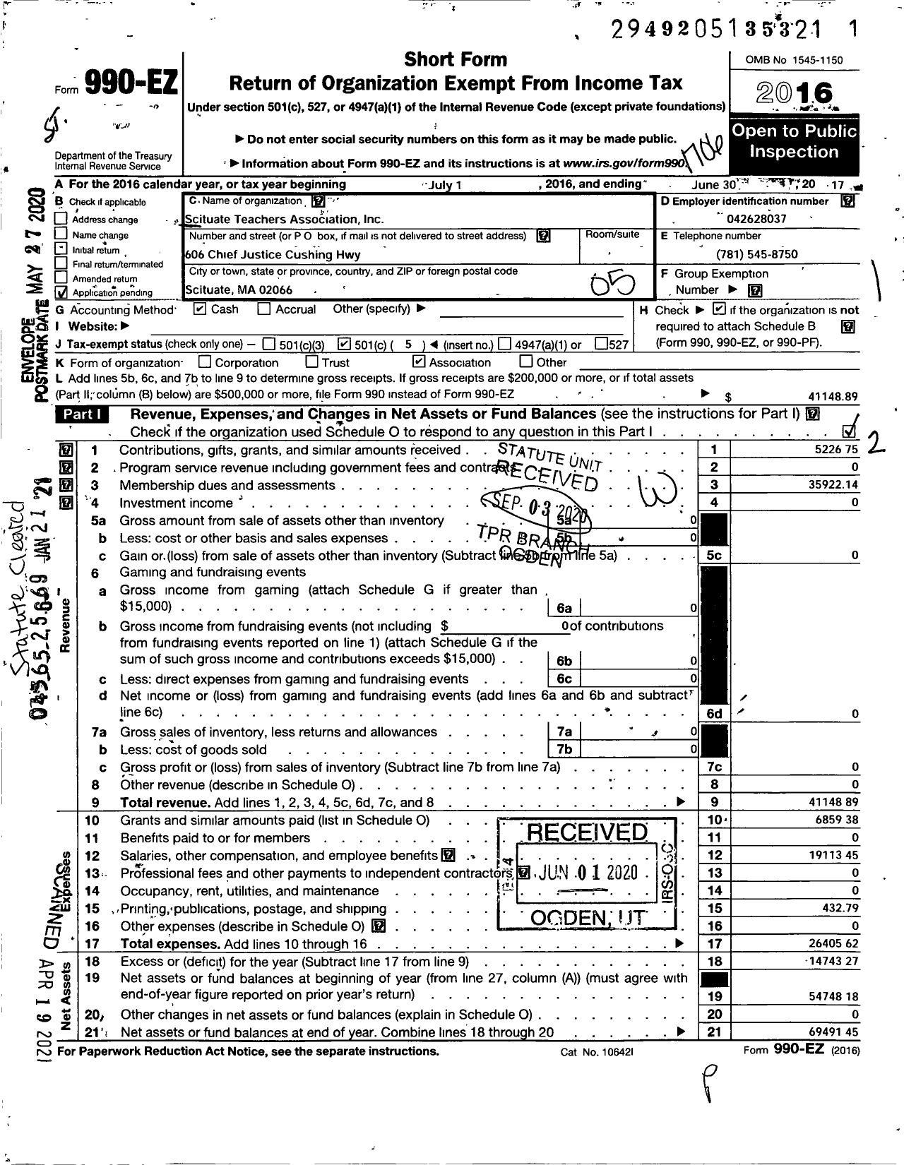 Image of first page of 2016 Form 990EO for Scituate Teachers Association