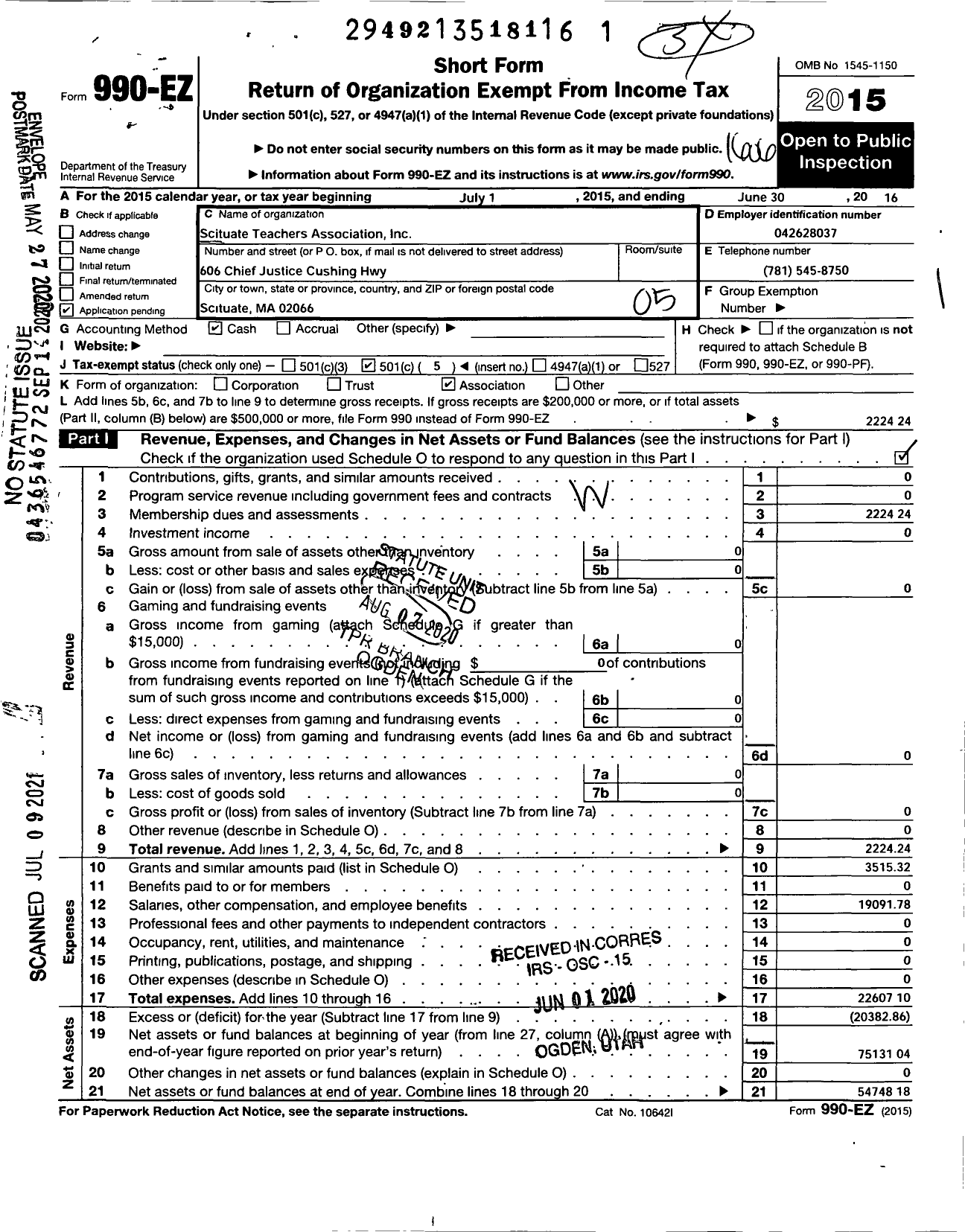 Image of first page of 2015 Form 990EO for Scituate Teachers Association