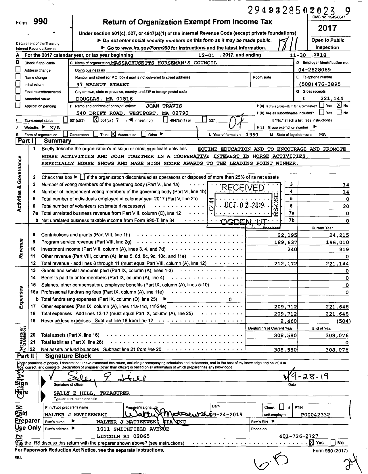 Image of first page of 2017 Form 990O for Massachusetts Horsemans Council