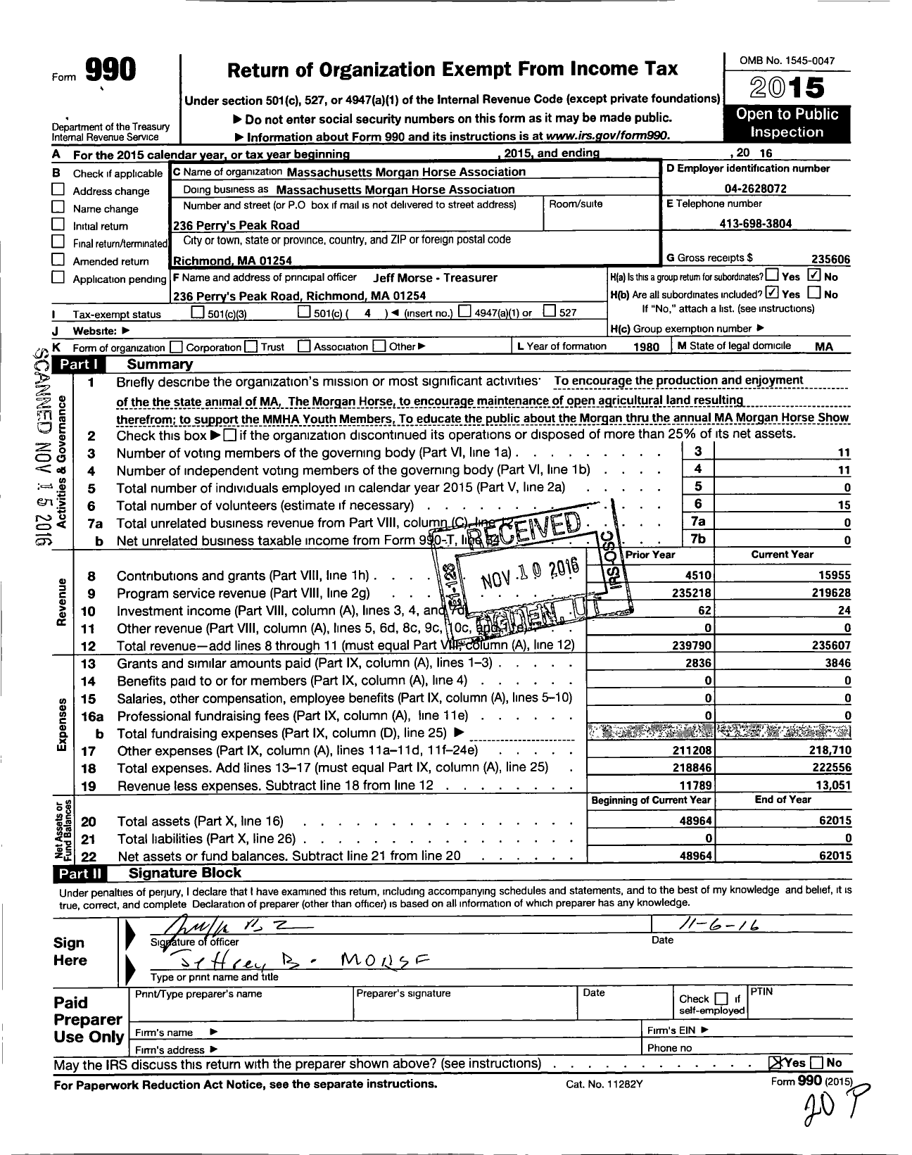 Image of first page of 2016 Form 990O for Massachusetts Morgan Horse Association