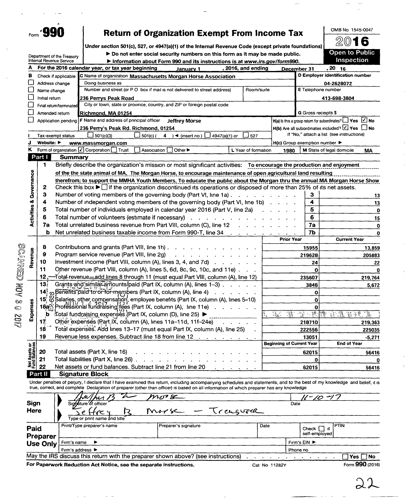 Image of first page of 2016 Form 990O for Massachusetts Morgan Horse Association