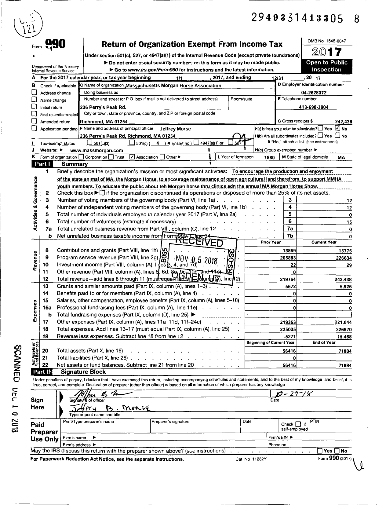 Image of first page of 2017 Form 990O for Massachusetts Morgan Horse Association