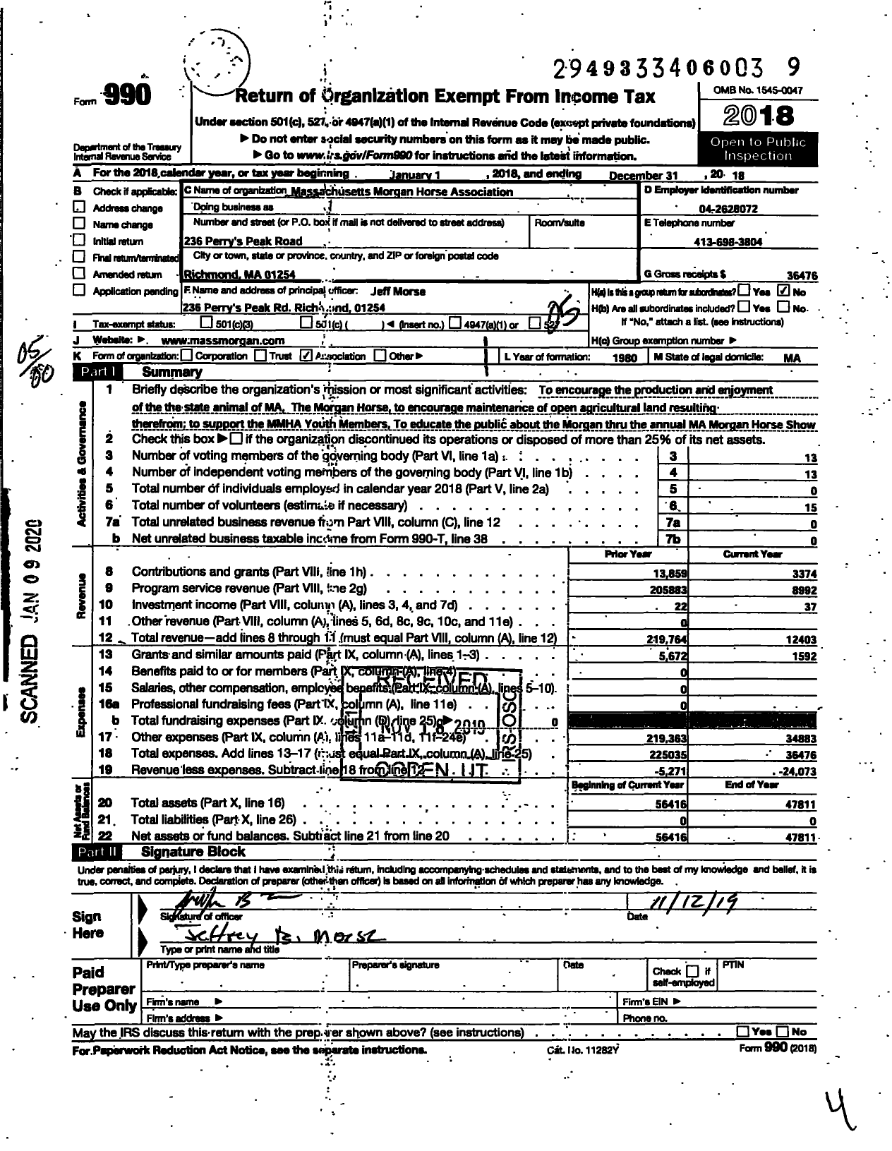 Image of first page of 2018 Form 990O for Massachusetts Morgan Horse Association