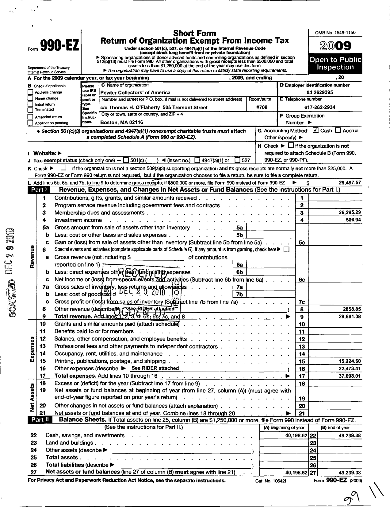 Image of first page of 2009 Form 990EO for Pewter Collectors Club of America