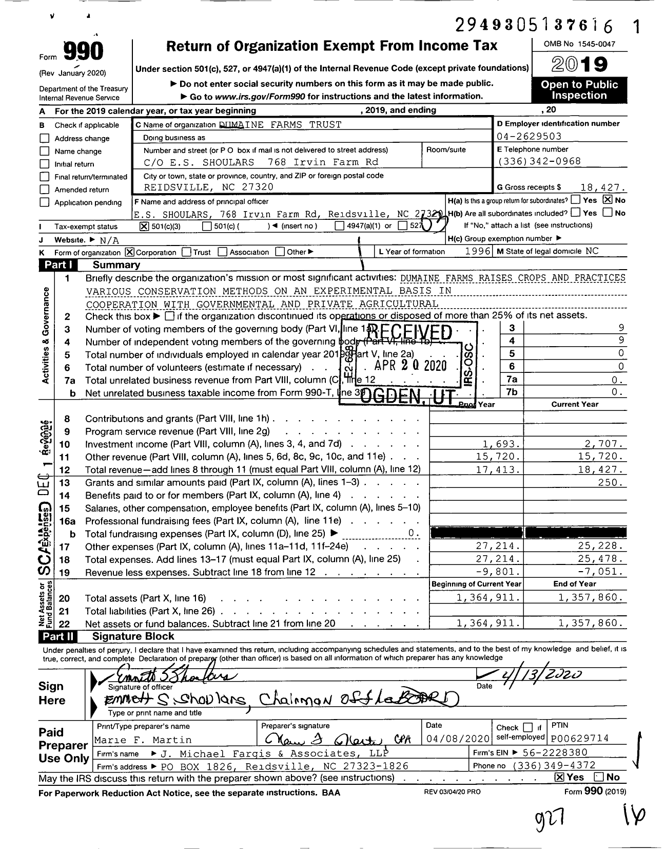 Image of first page of 2019 Form 990 for Dumaine Farms Trust