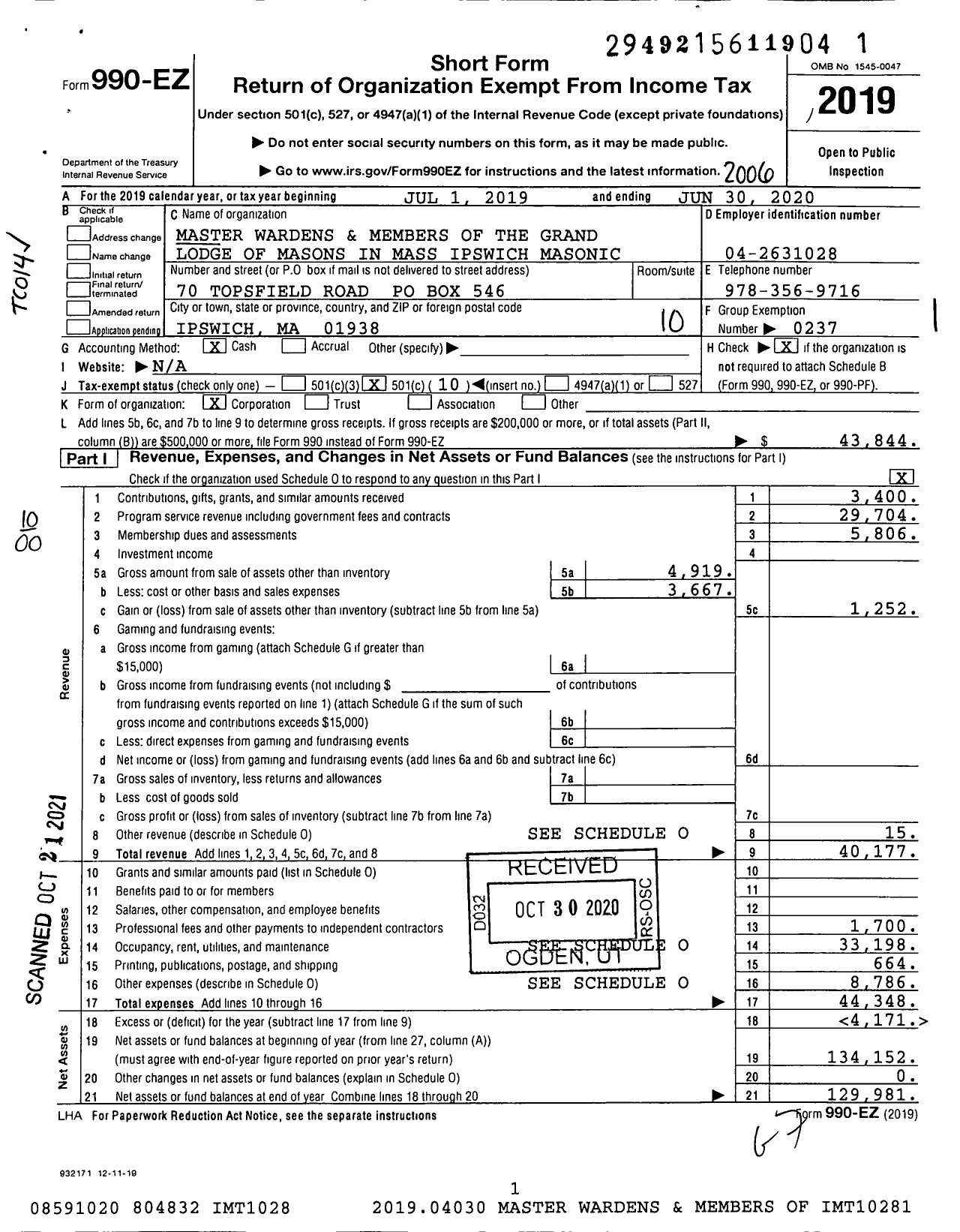 Image of first page of 2019 Form 990EO for Massachusetts Freemasons - Ipswich Masonic Temple