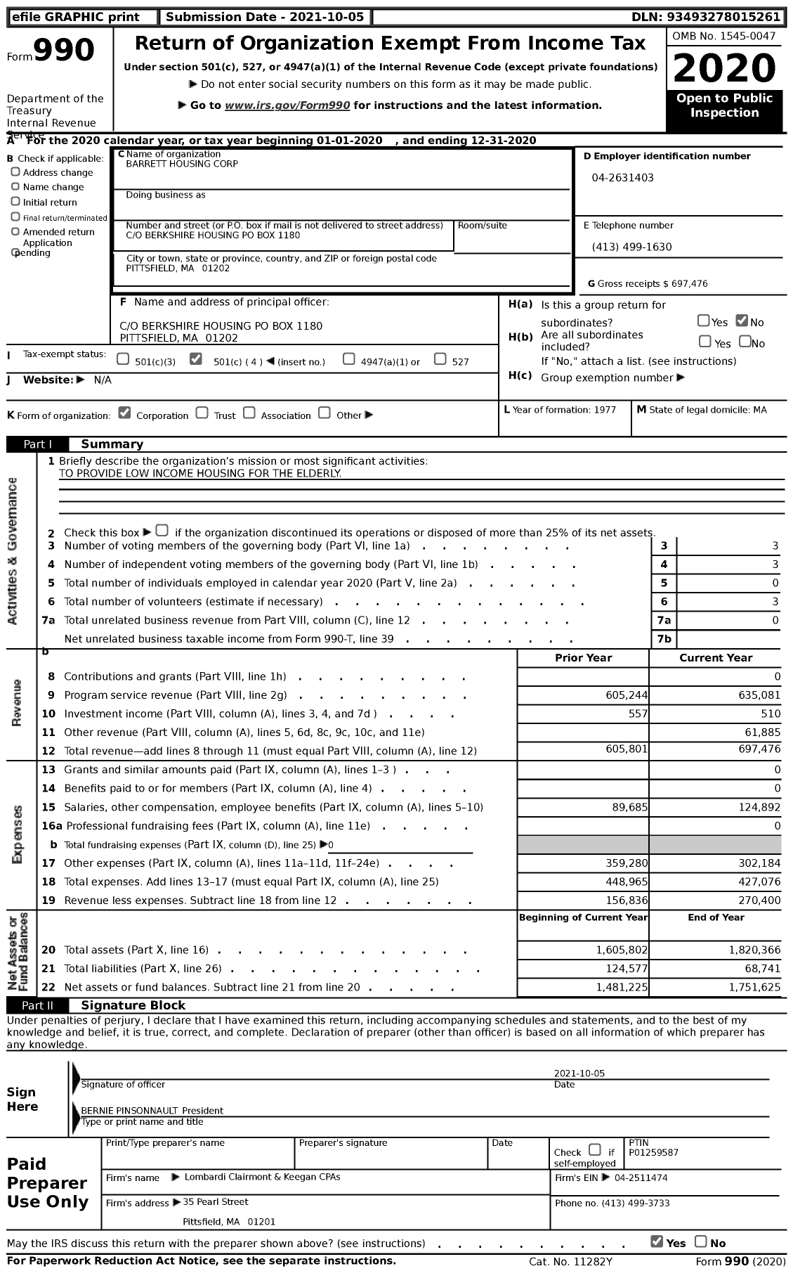 Image of first page of 2020 Form 990 for Barrett Housing Corporation