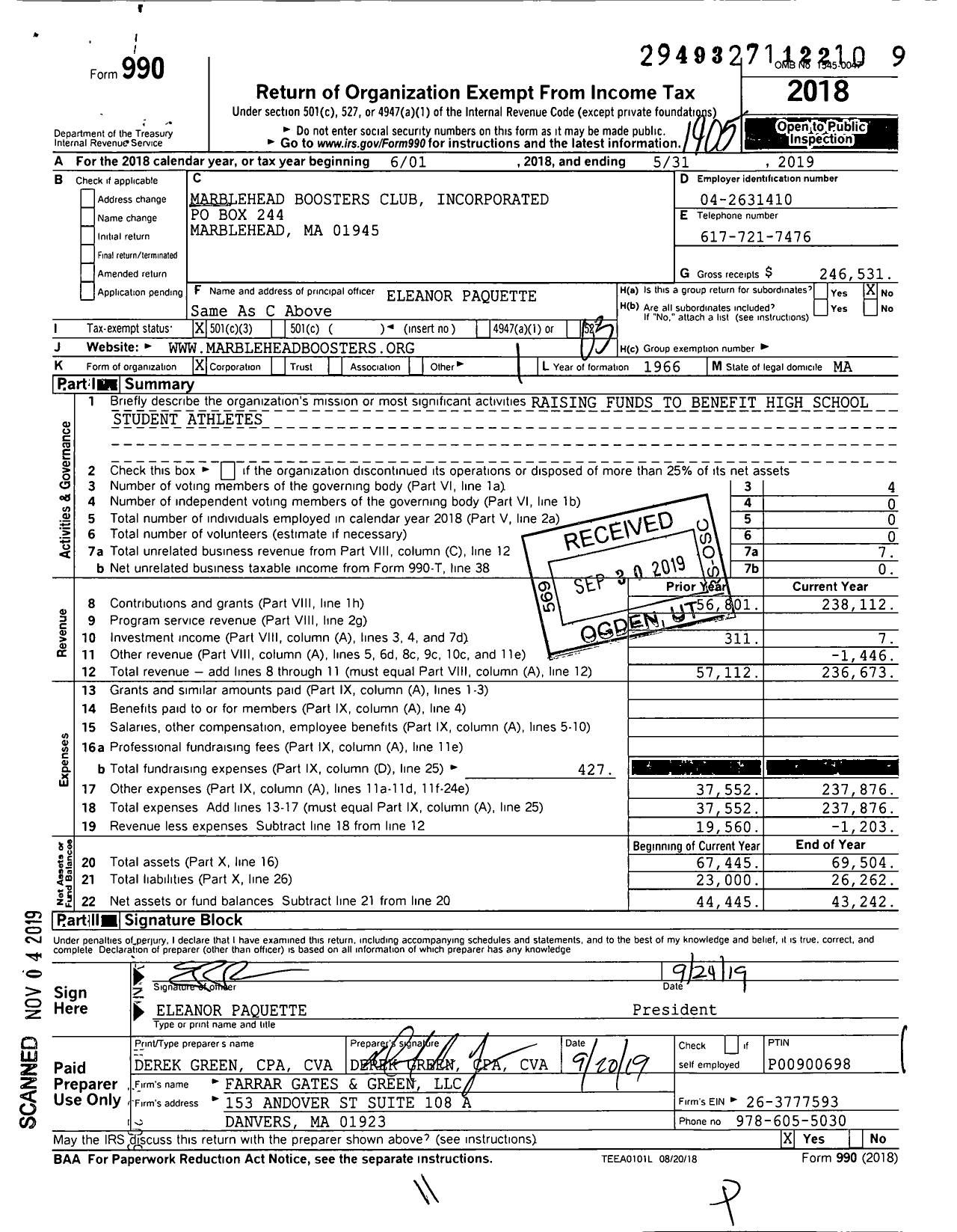 Image of first page of 2018 Form 990 for Marblehead Boosters Club Incorporated