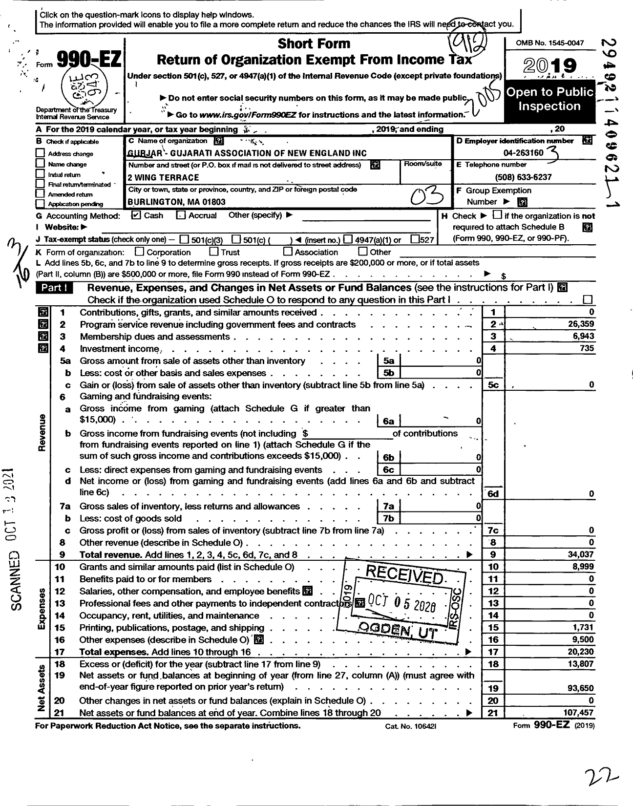 Image of first page of 2019 Form 990EZ for Gurjar Gujarati Association of New England