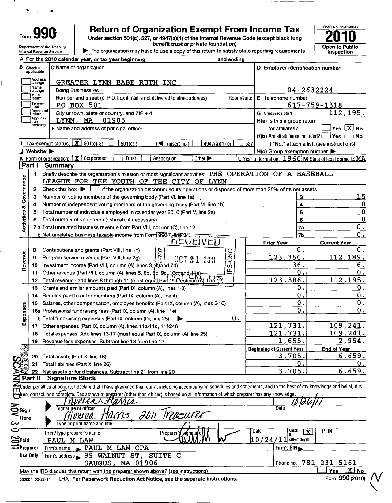Image of first page of 2010 Form 990 for Greater Lynn Babe Ruth League