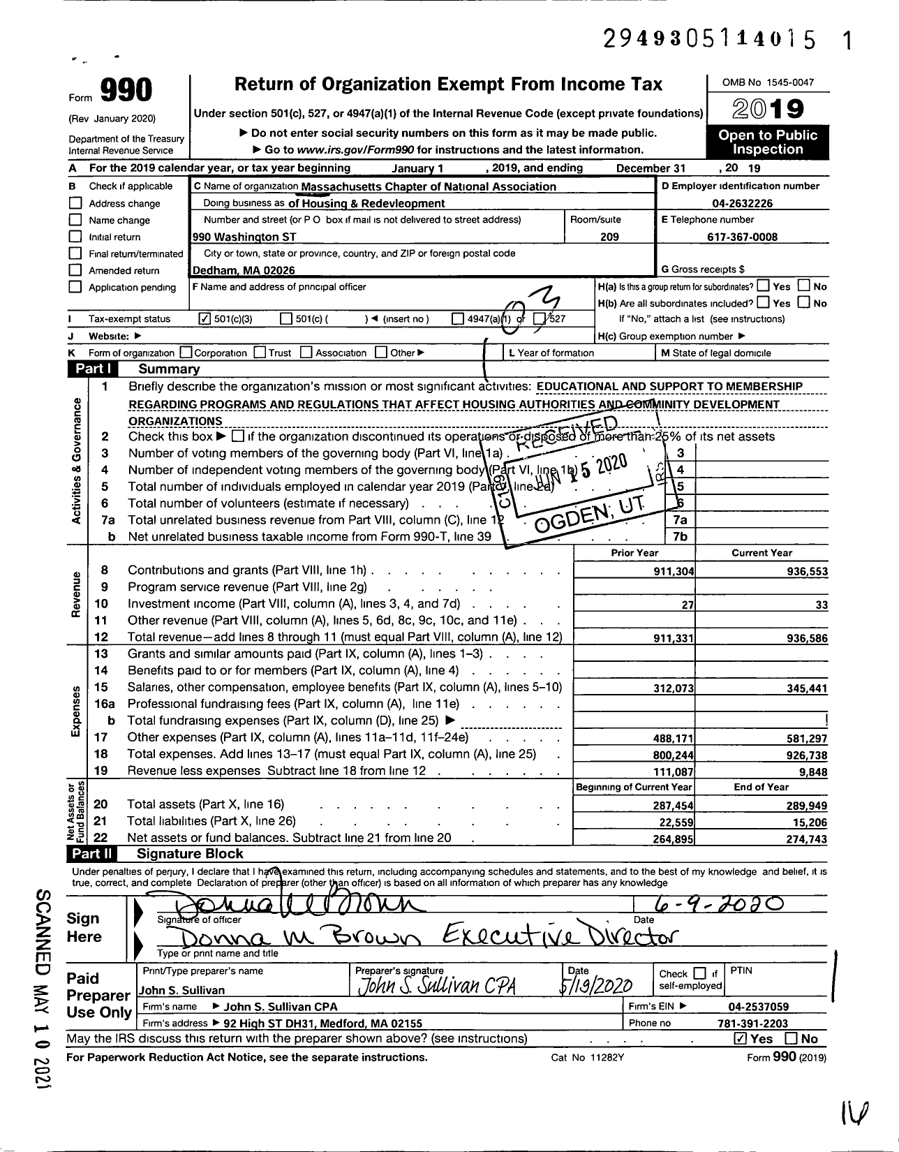 Image of first page of 2019 Form 990 for Massachusetts Chapter of the National Association of Housing and Redevelopment O