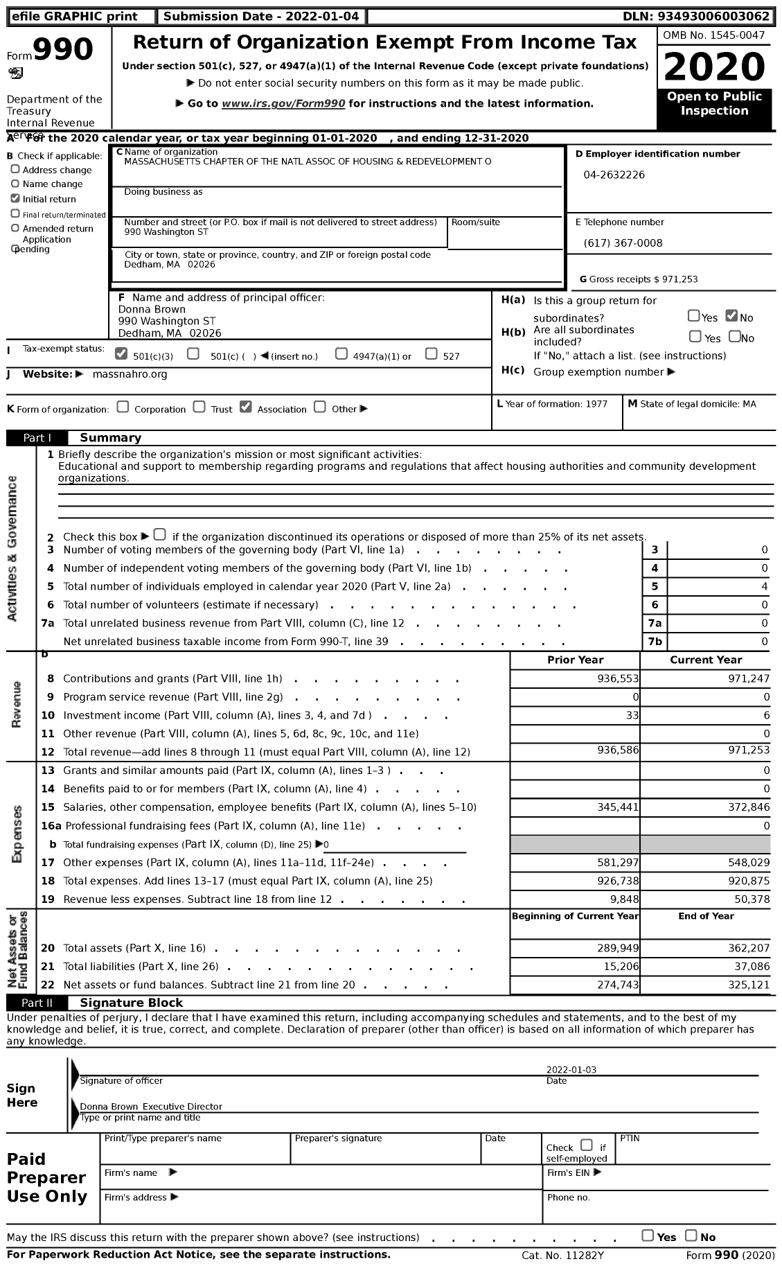 Image of first page of 2020 Form 990 for Massachusetts Chapter of the National Association of Housing and Redevelopment O
